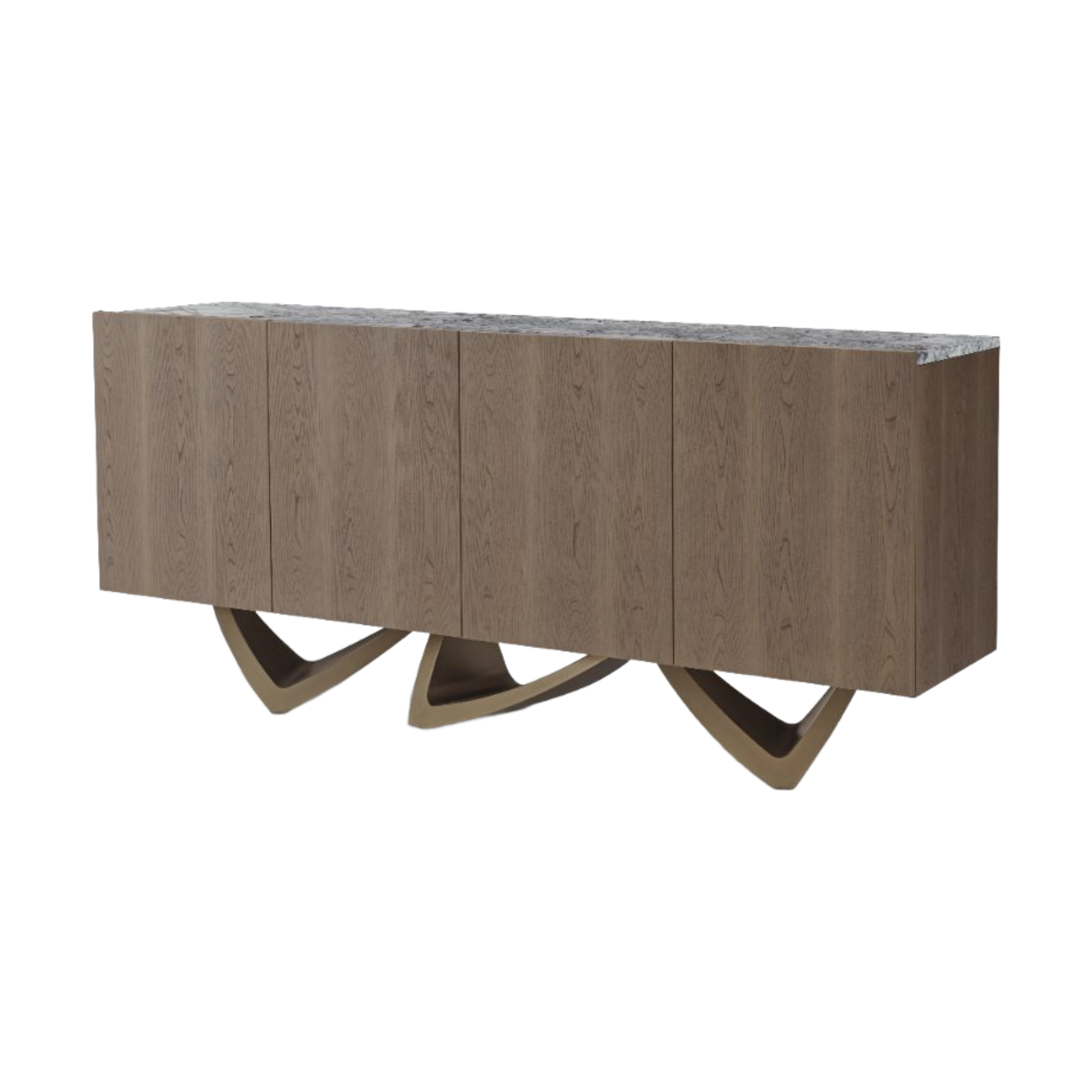 Vista lateral de aparador de comedor elegante con puertas de madera y soportes curvos de metal dorado.