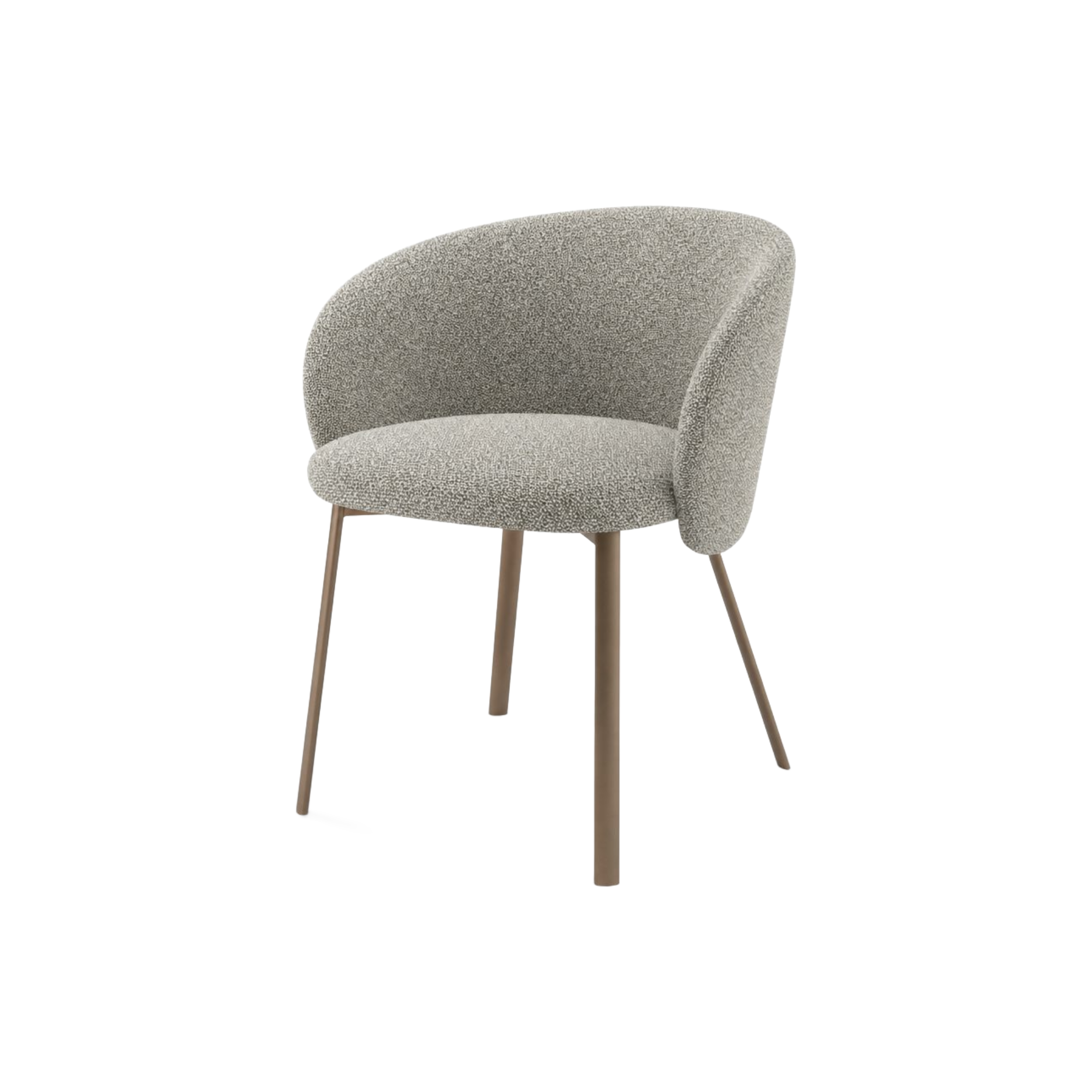 Silla poltrona tapizada gris texturizado con patas metálicas bronce para comedor o auxiliar.