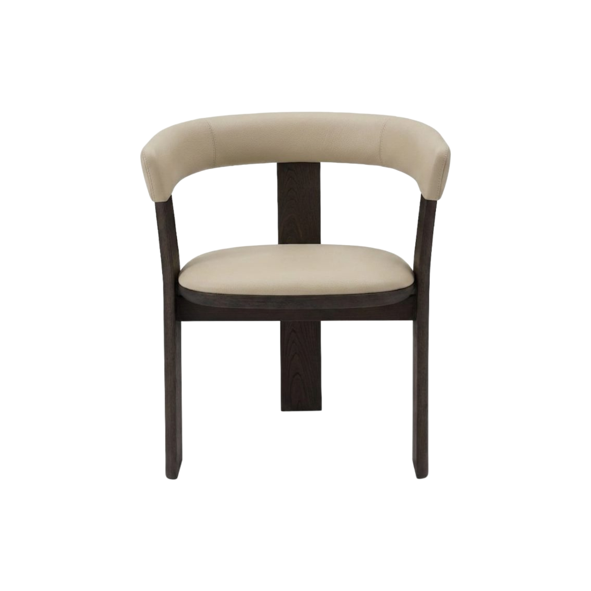 Silla de comedor de lujo con diseño curvo, tapizado en tela beige y estructura de madera oscura.