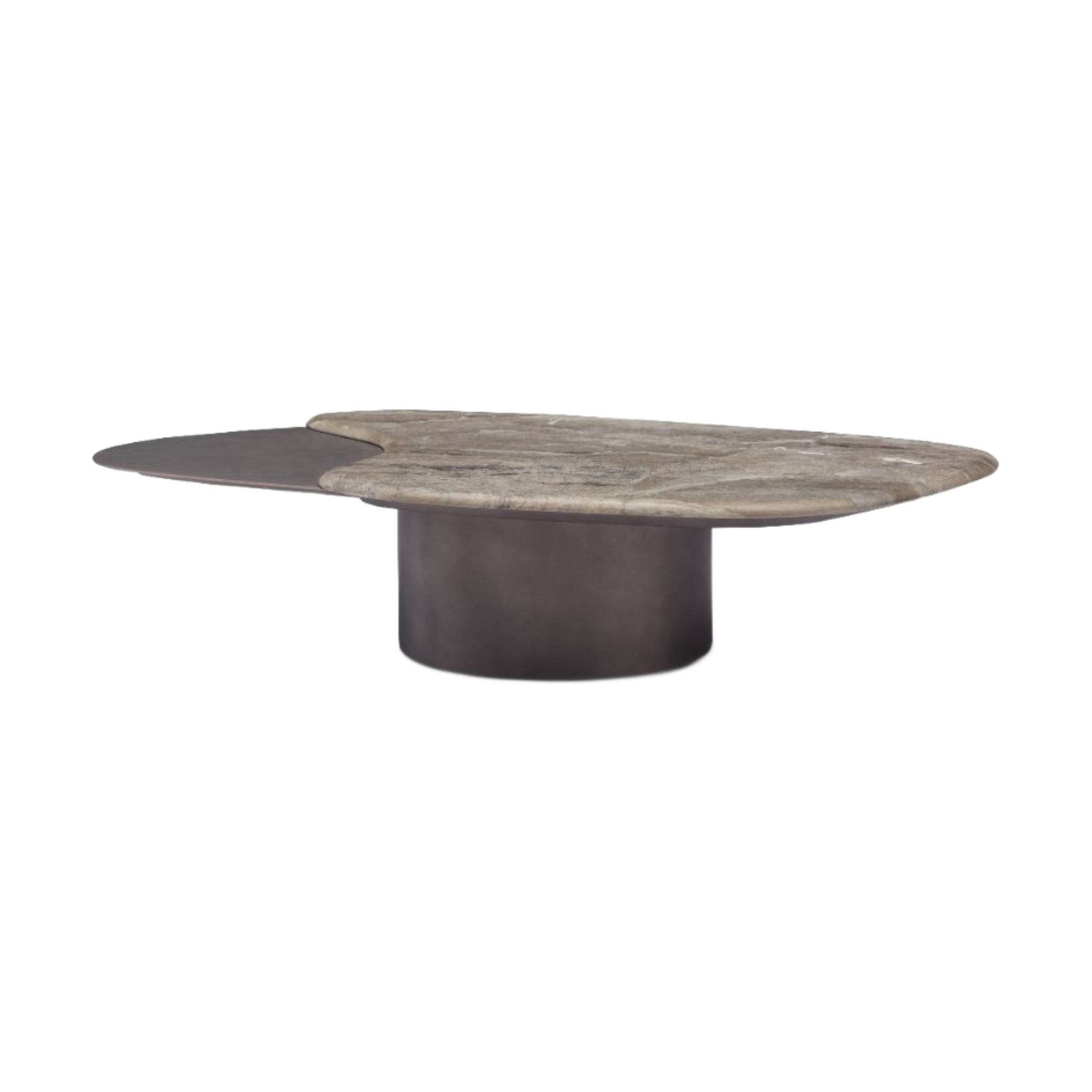 Mesa de centro de lujo para sala, con forma ovalada, piedra y base metálica oscura.