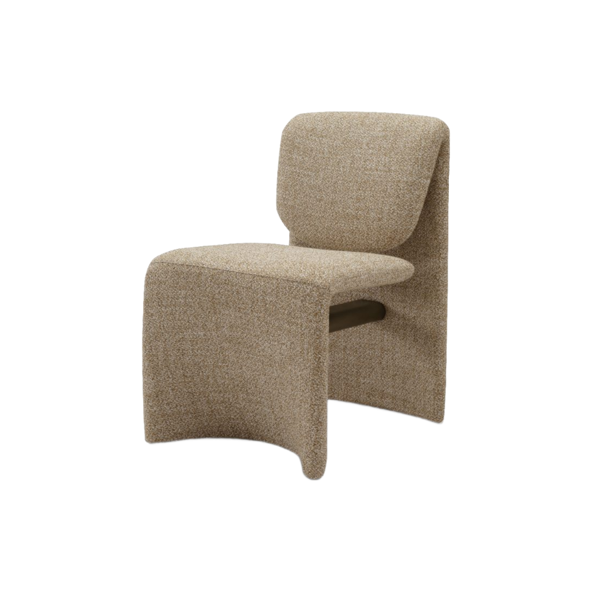 Silla elegante tapizada en tejido beige, base escultural y asiento confortable, ideal para interiores modernos.