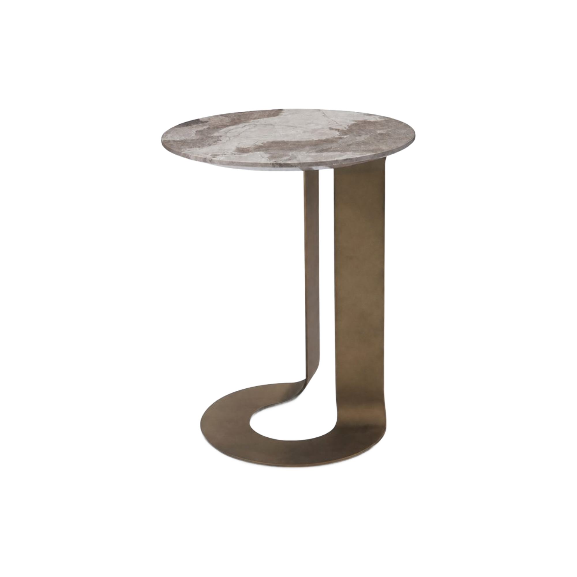 Mesa auxiliar de sala C-shape con tope de mármol veteado y base de metal acabado bronce. Diseño moderno y elegante.