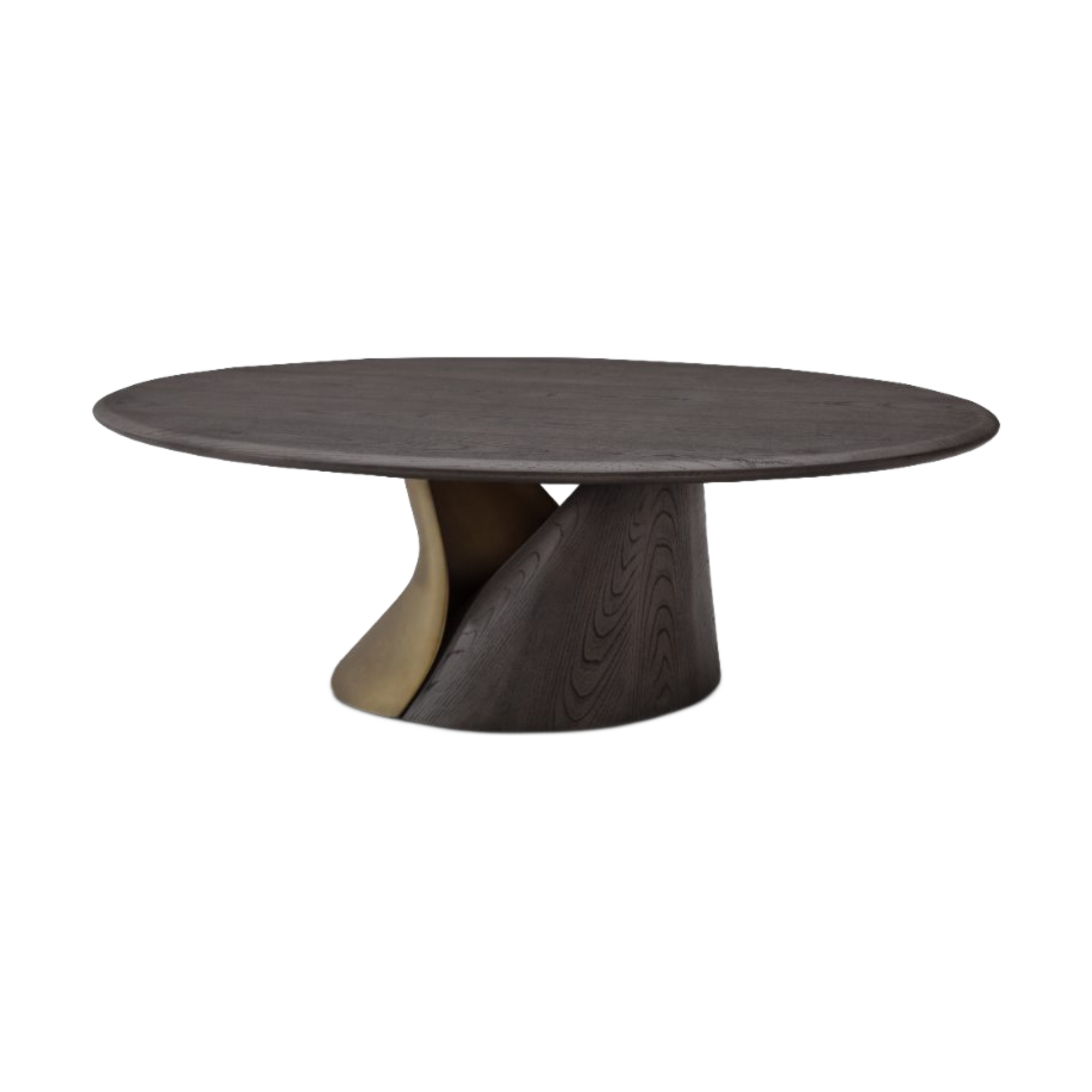 Mesa de centro ovalada de lujo con tapa de madera oscura y base escultural de madera y metal dorado.