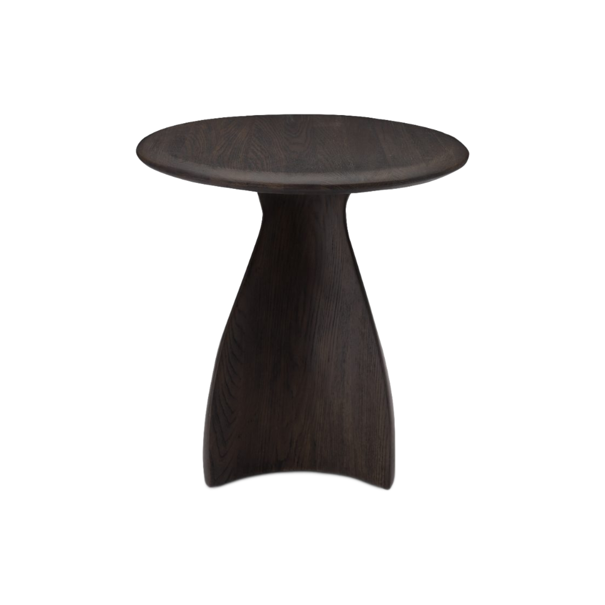 Mesa auxiliar de sala en madera oscura, diseño escultural y orgánico para ambientes de lujo.