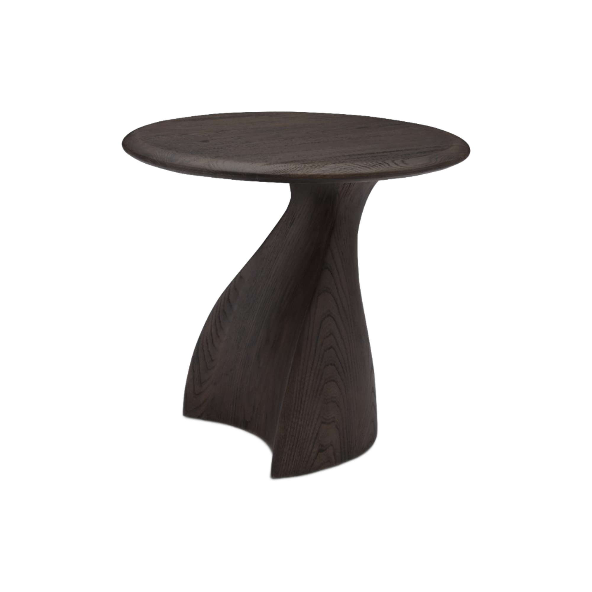 Mesa auxiliar de madera oscura, base curva y diseño exclusivo, ideal para salas modernas.