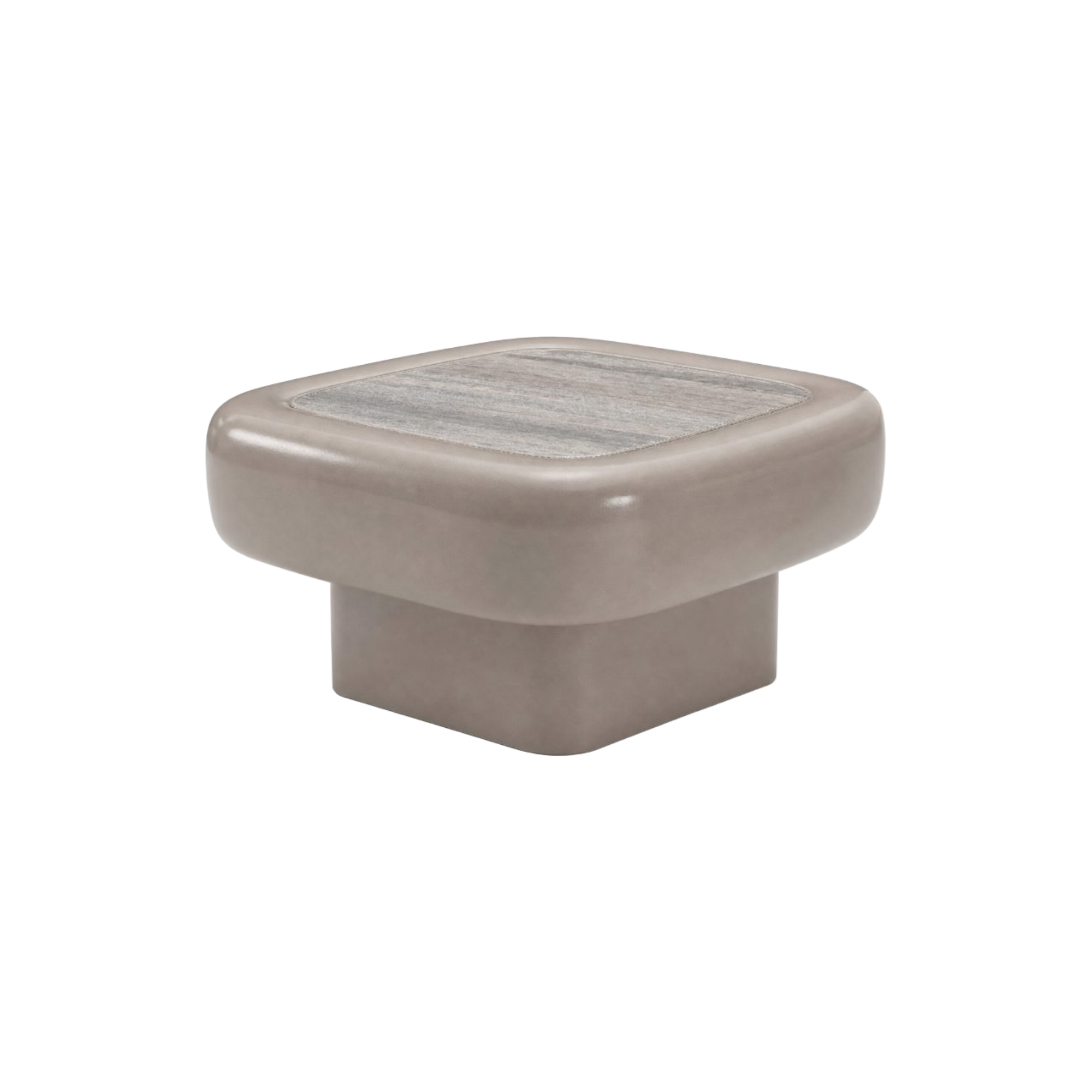 Mesa de centro de sala moderna con superficie efecto mármol y base taupe. Estilo lujo y diseño.