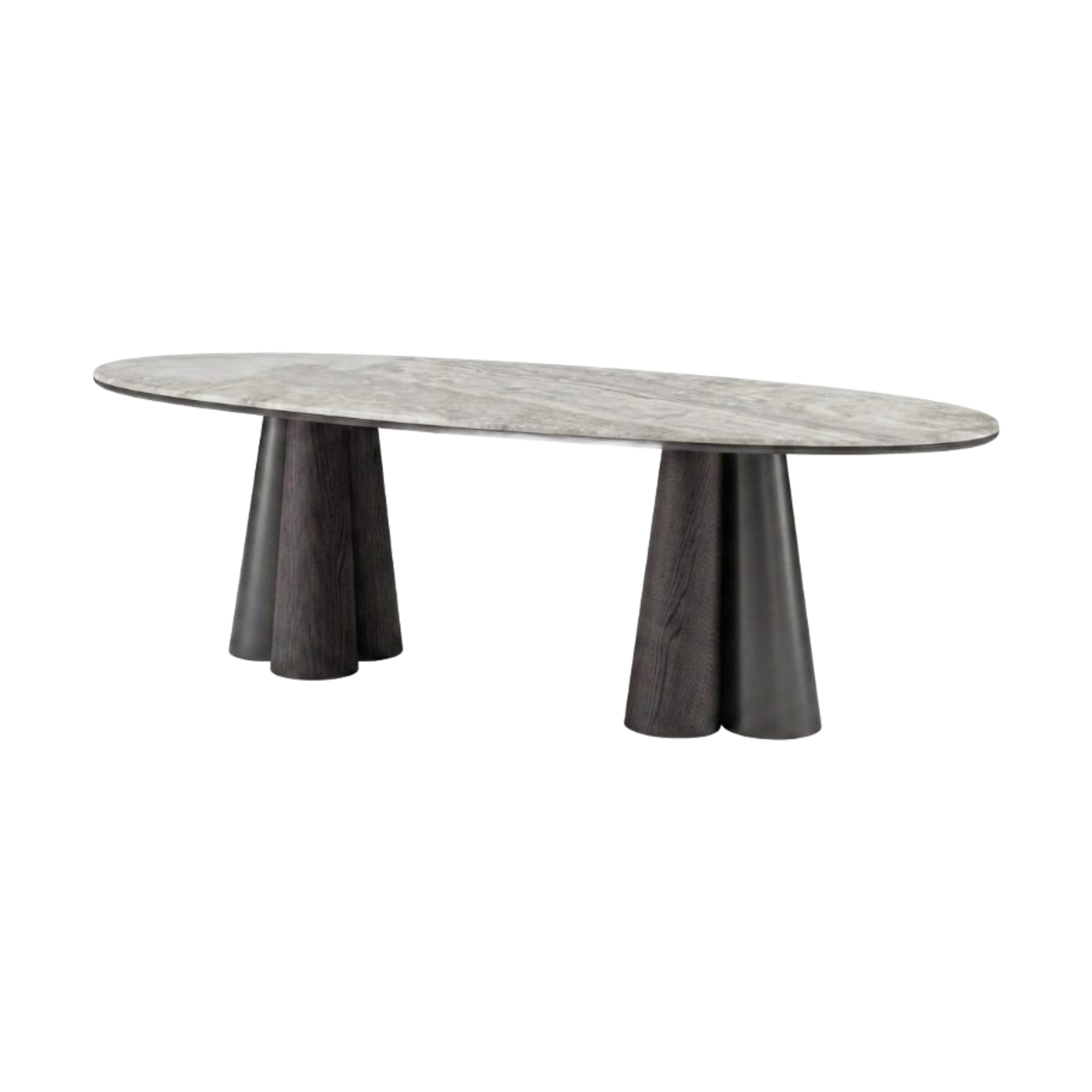 Mesa de comedor ovalada moderna con cubierta de piedra tipo mármol y bases cónicas de madera oscura.