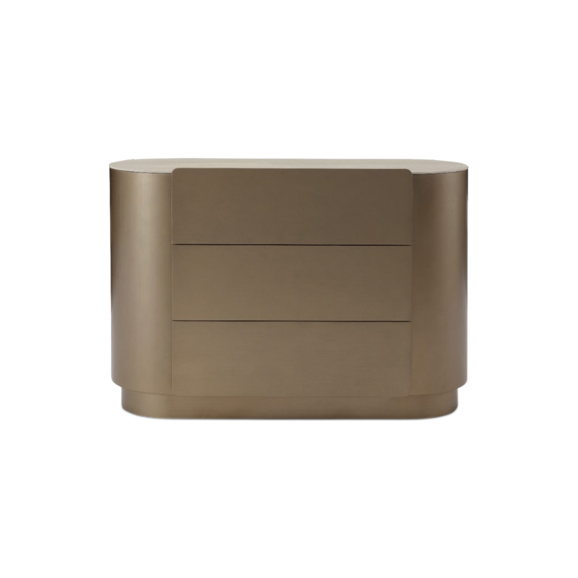 Cómoda cajonera de lujo con diseño curvo y tres cajones, en tono bronce con tapa superior clara de efecto piedra.