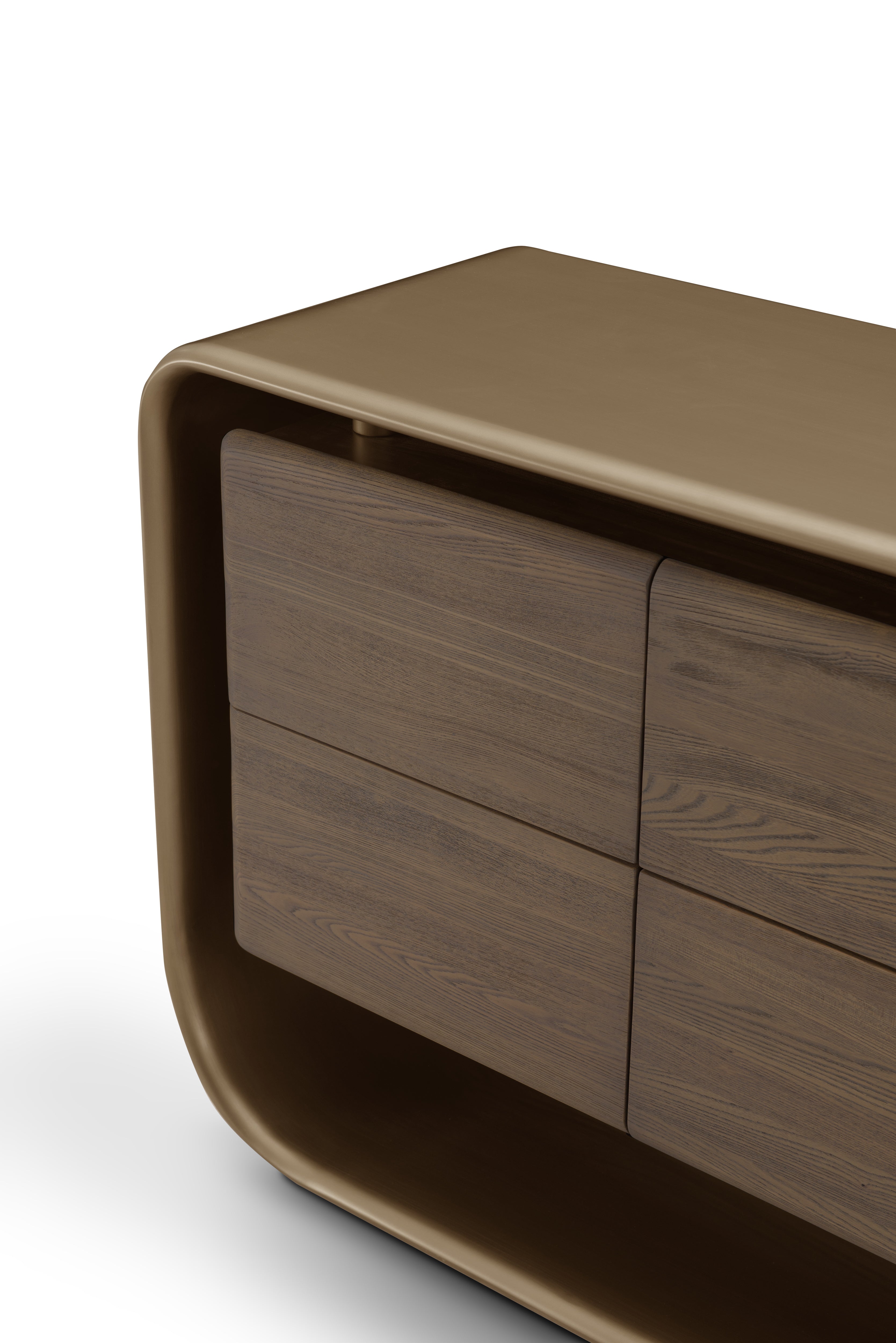 Detalle de la cajonera de diseño moderno, mostrando la textura de la madera y el acabado curvo taupe.