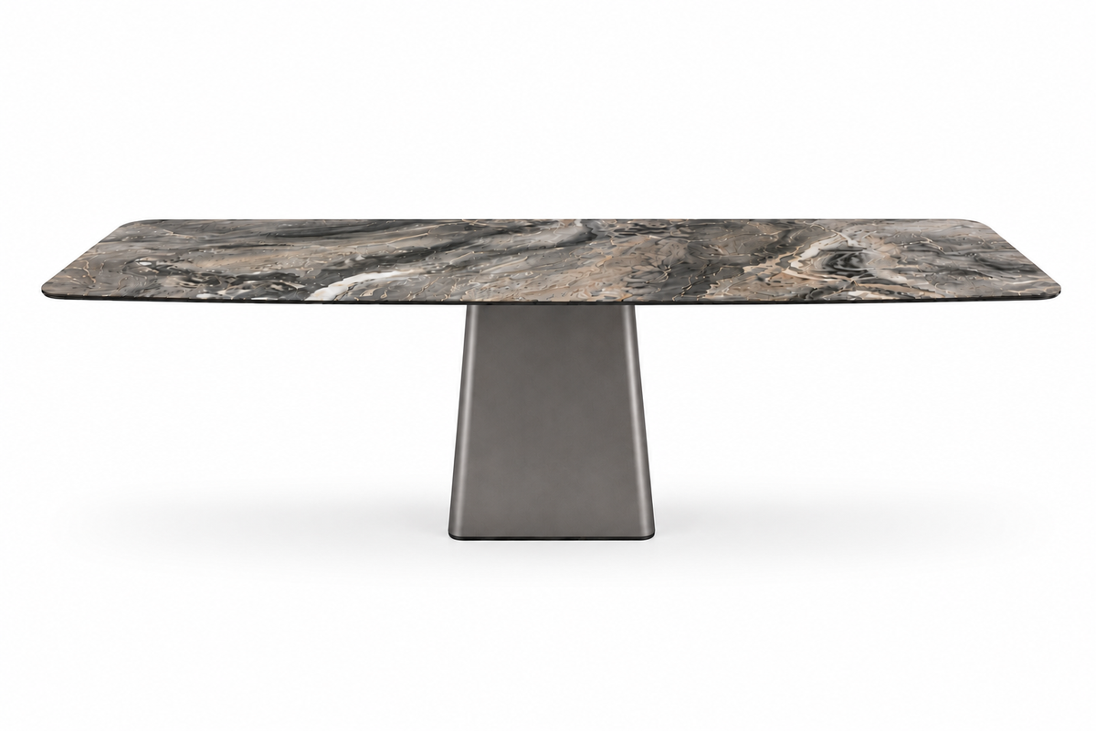 Mesa de comedor rectangular de lujo con sobre de piedra sinterizada veteada y base pedestal oscura.