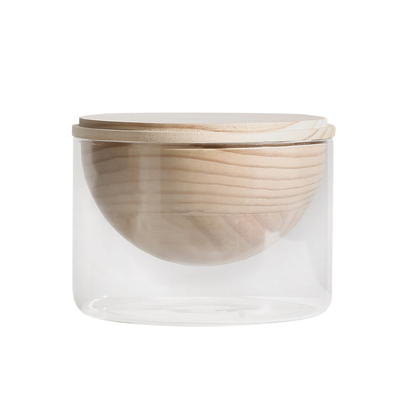 Jarrón cilíndrico vidrio con tapa madera clara - Vilá Decoración - Muebles y decoración en Medellín y Colombia