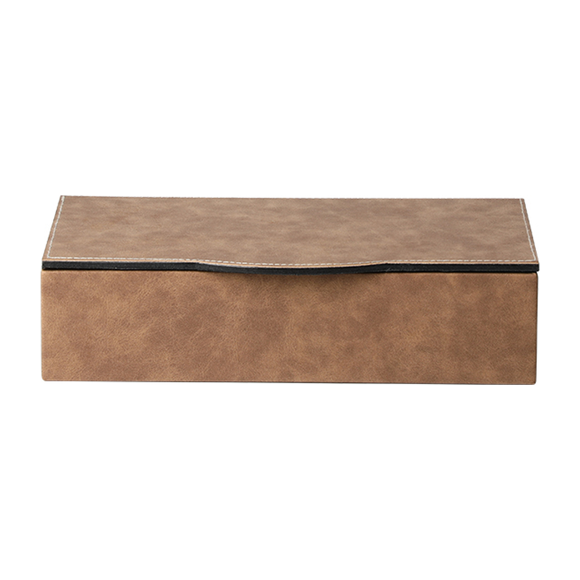 Cofre decorativo rectangular de lujo en madera y cuero marrón con costuras claras