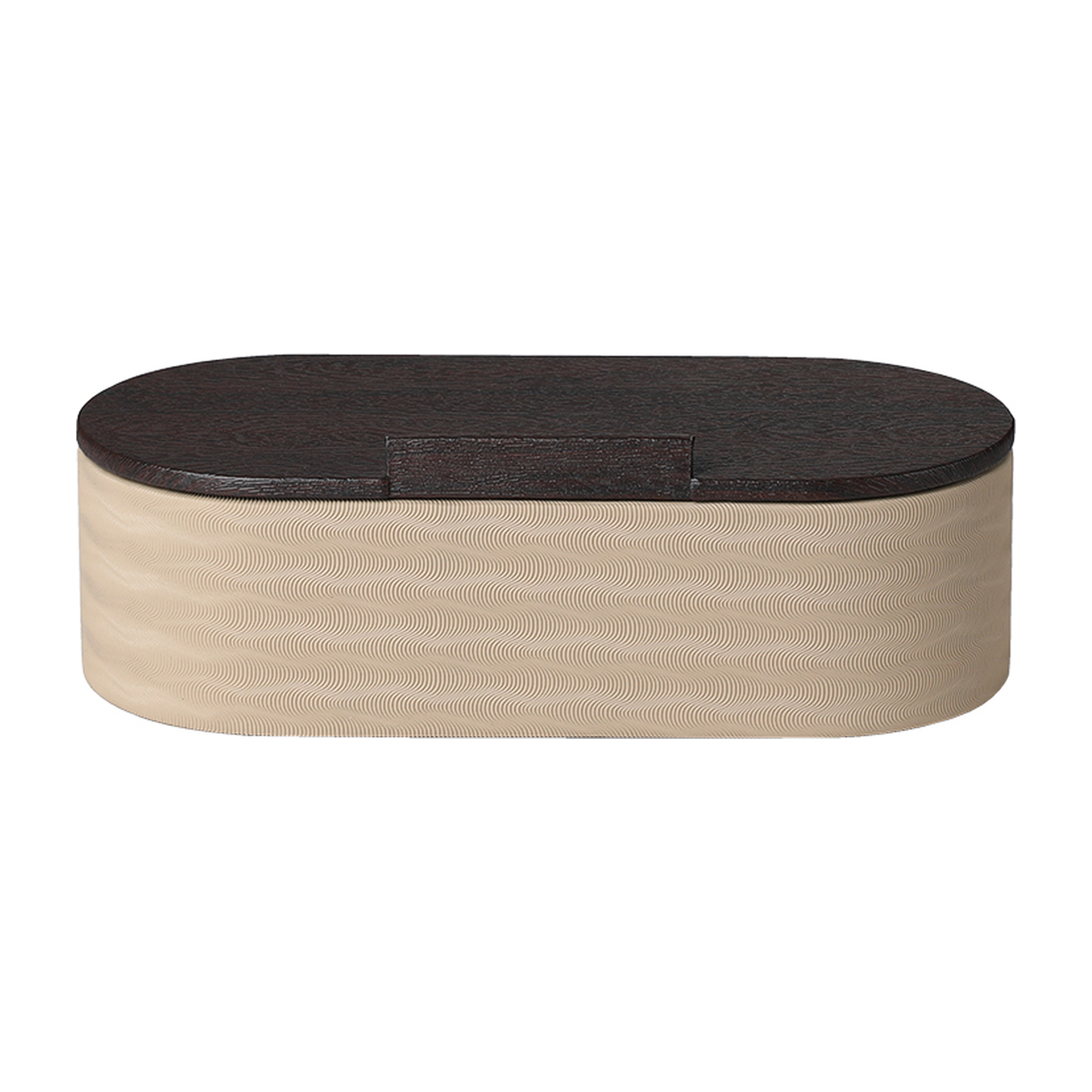 Cofre decorativo ovalado de lujo con tapa de cuero marrón oscuro y base beige con textura ondulada