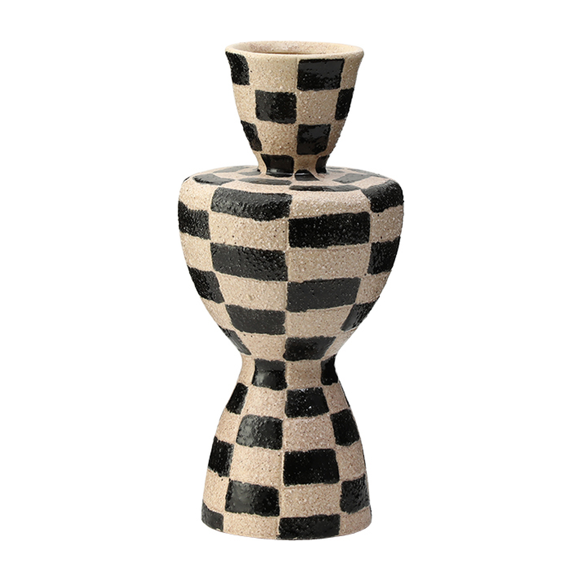 Jarrón decorativo de cerámica con diseño de cuadros en blanco y negro, de 35 cm de alto, exhibiendo