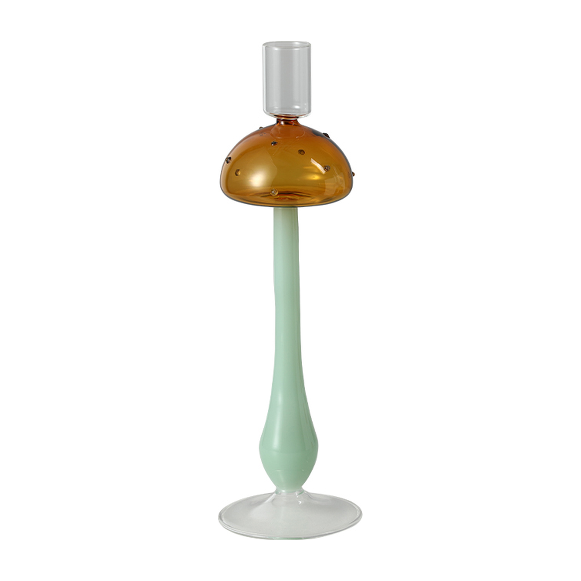 Candelabro decorativo de vidrio con base transparente, tallo verde menta y copa naranja ámbar en
