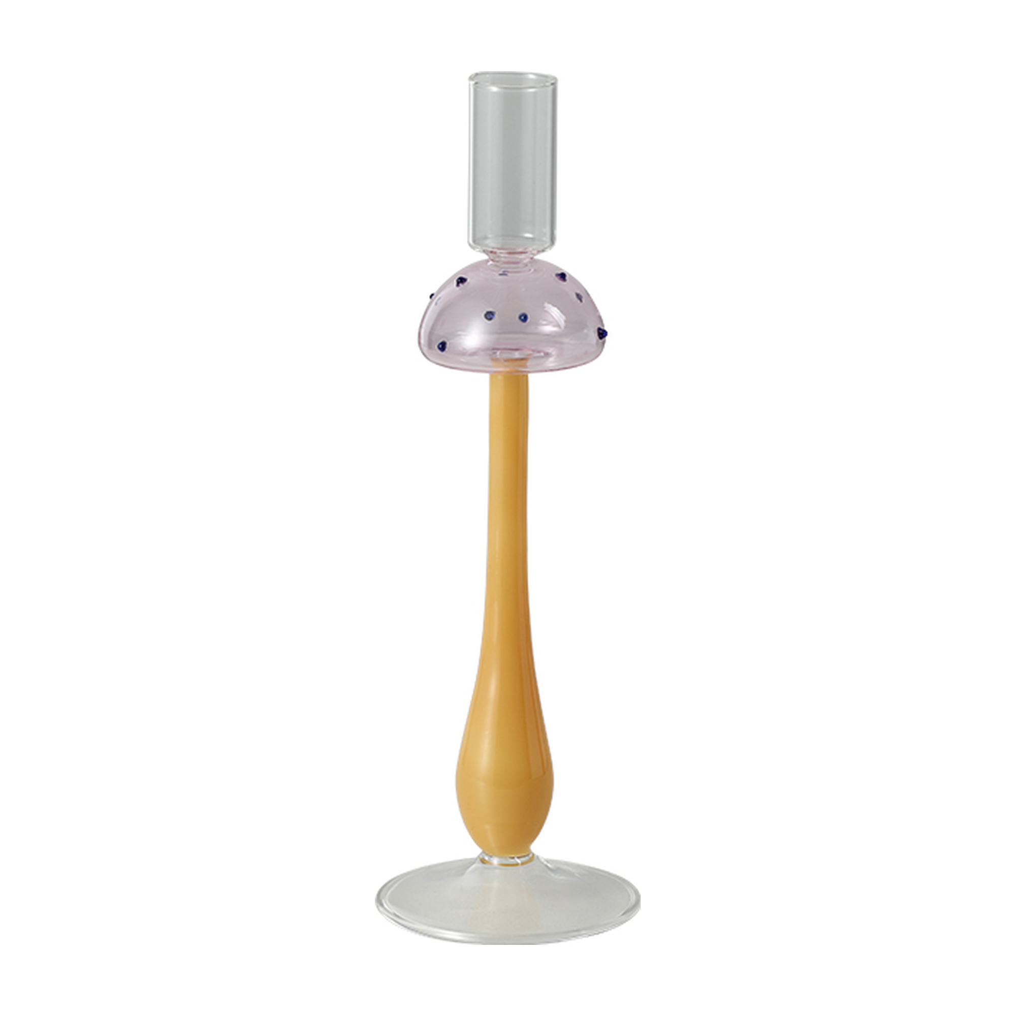 Candelabro decorativo de vidrio de 24 cm con base naranja, detalle rosa con puntos azules y