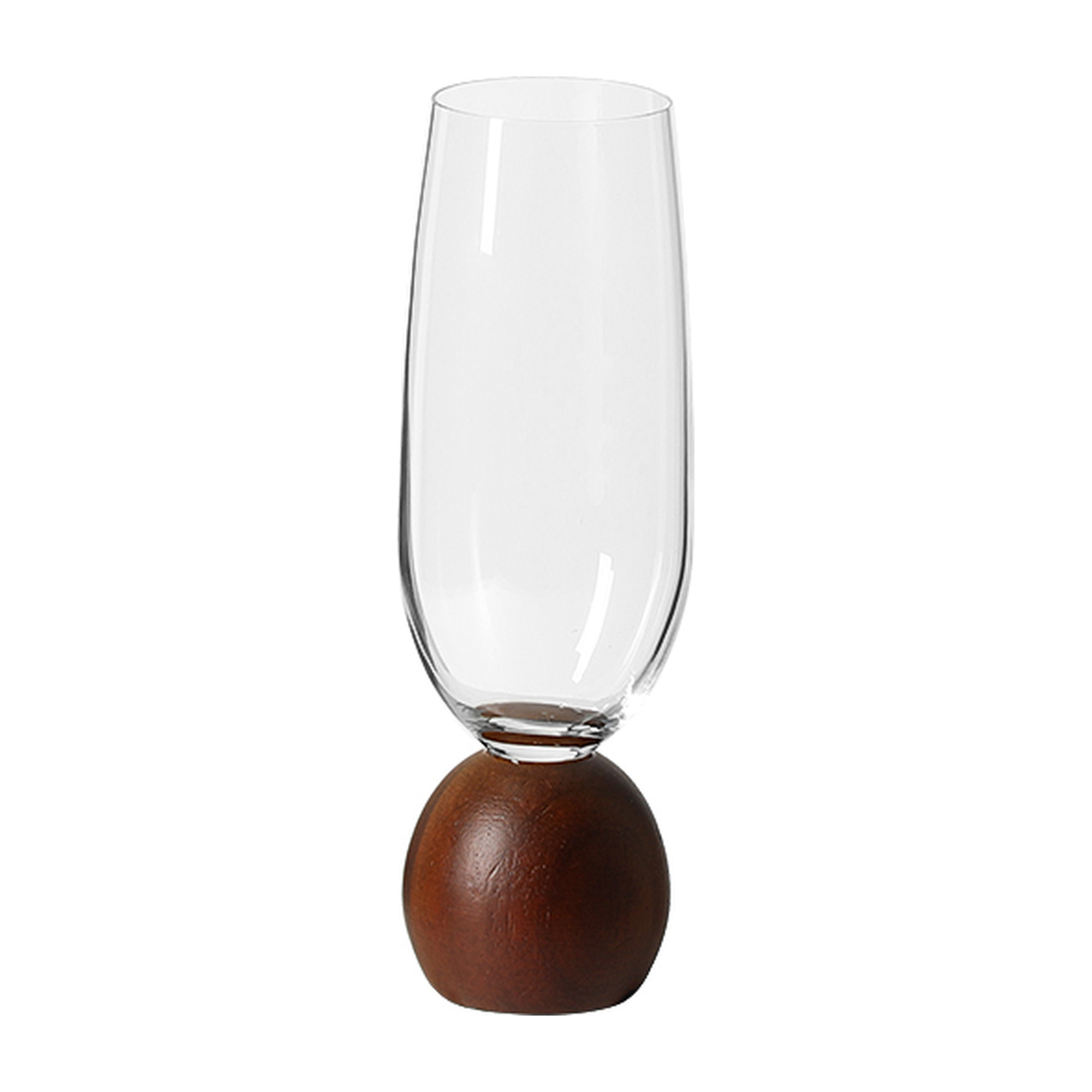 Jarrón decorativo de vidrio transparente con base esférica de madera oscura, elegante y moderno