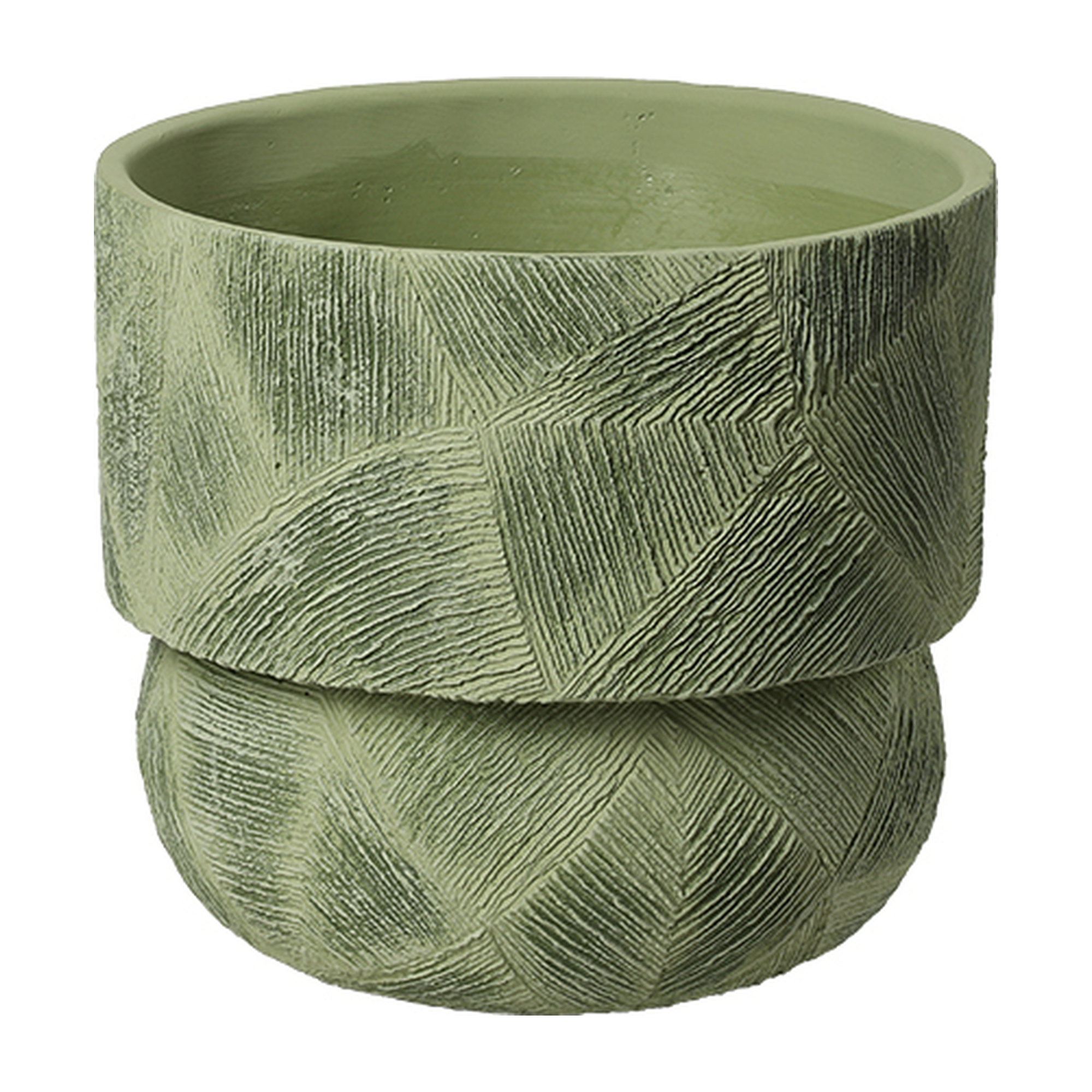 Jarrón decorativo de piedra y resina verde, con textura geométrica en relieve, ideal para