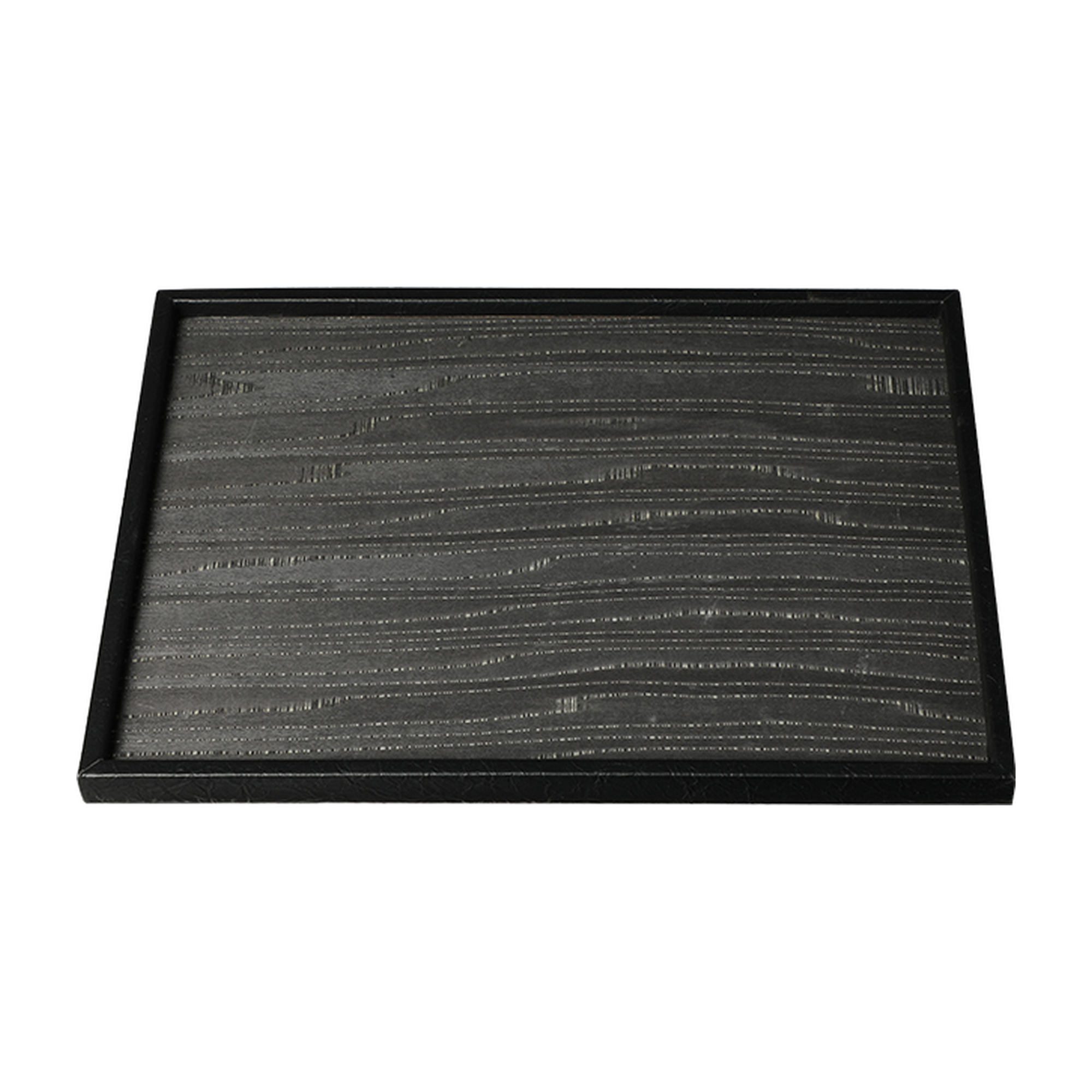 Bandeja decorativa rectangular negra de madera con textura ondulada sutil para mesa de centro
