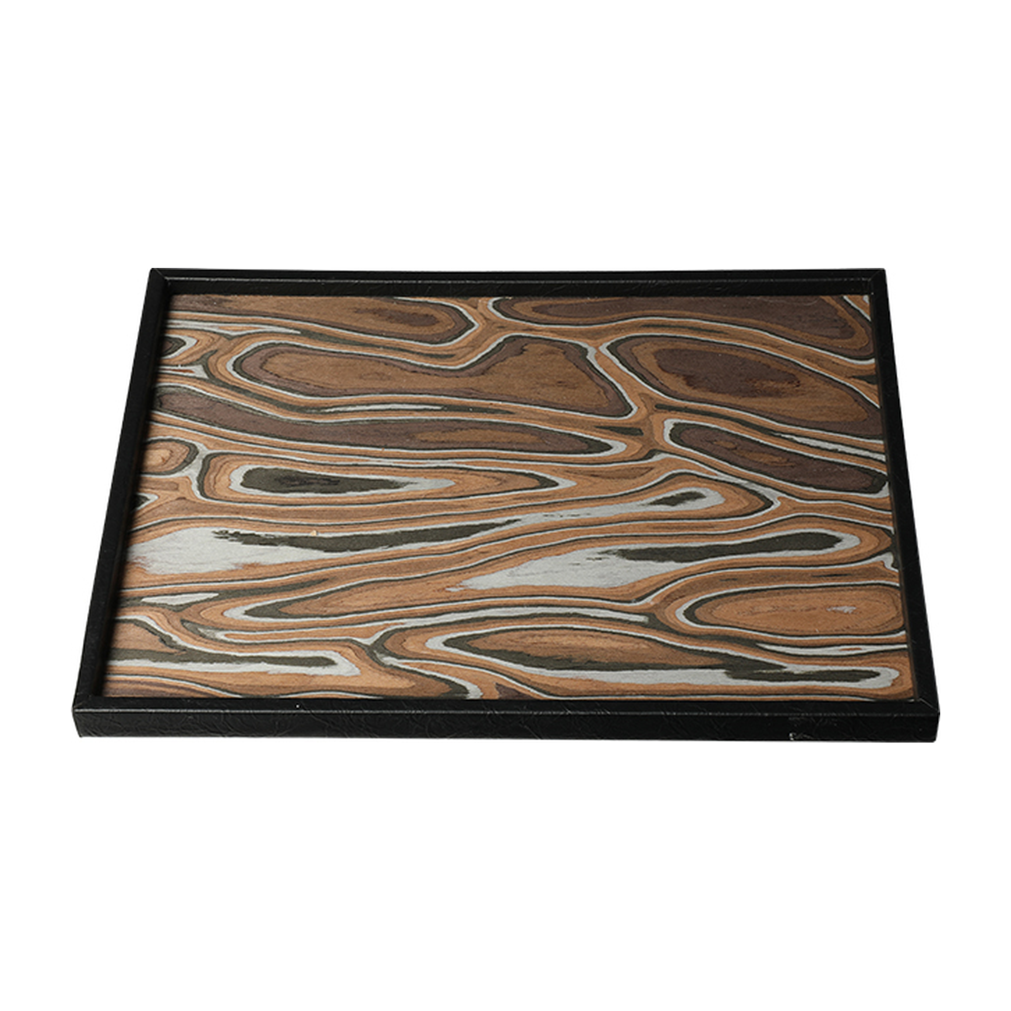 Bandeja decorativa rectangular de madera con diseño abstracto ondulado en tonos café, blanco y