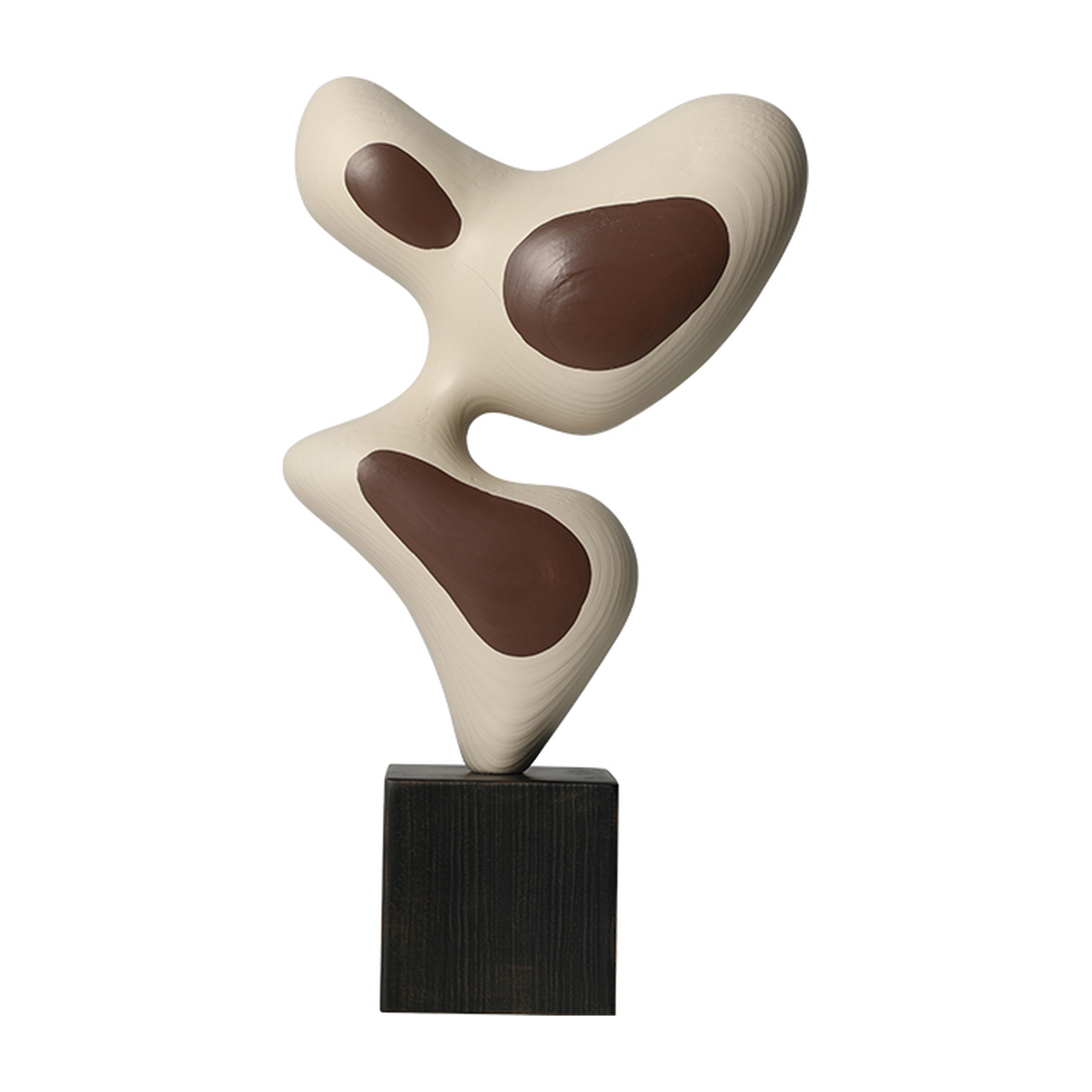 Escultura decorativa abstracta en resina beige y café de 51 cm de alto sobre base negra, ideal para