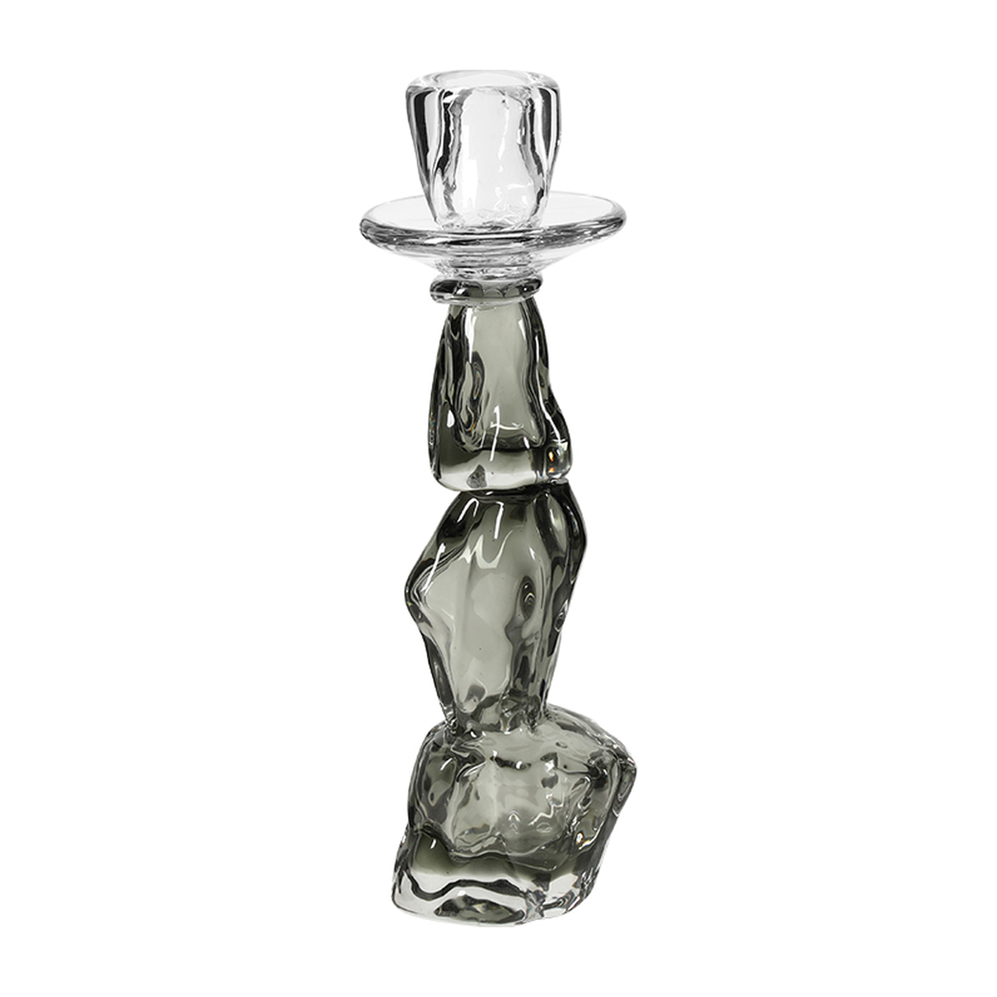 Candelabro decorativo de vidrio gris ahumado con diseño contemporáneo y orgánico, 27 cm de alto.
