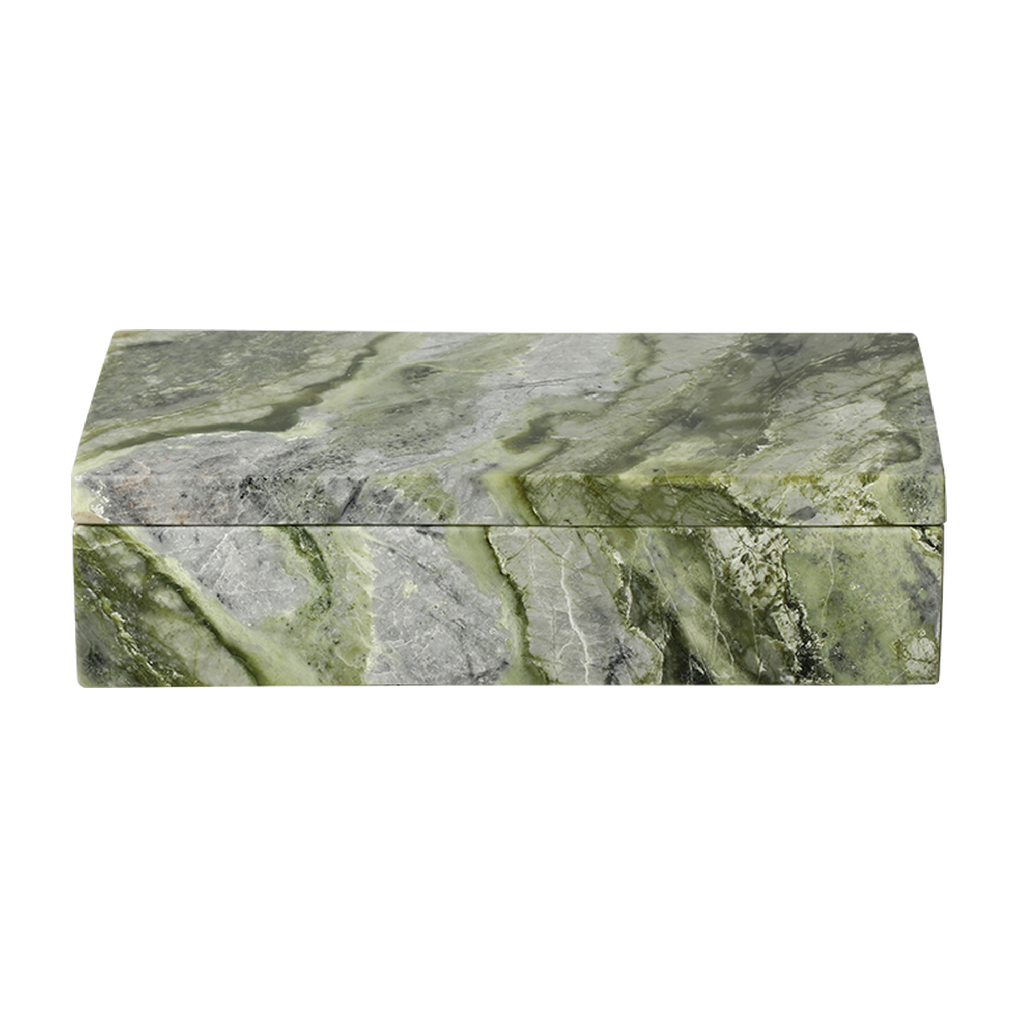 Cofre decorativo rectangular de mármol verde con vetas grises, ideal para joyería y objetos de