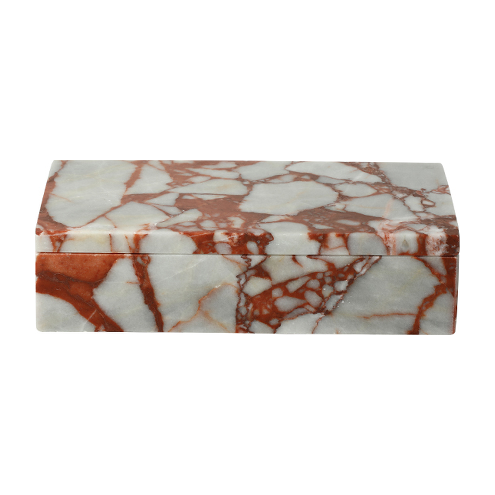 Cofre decorativo de mármol blanco con vetas rojas, de forma rectangular y tapa ligeramente curvada