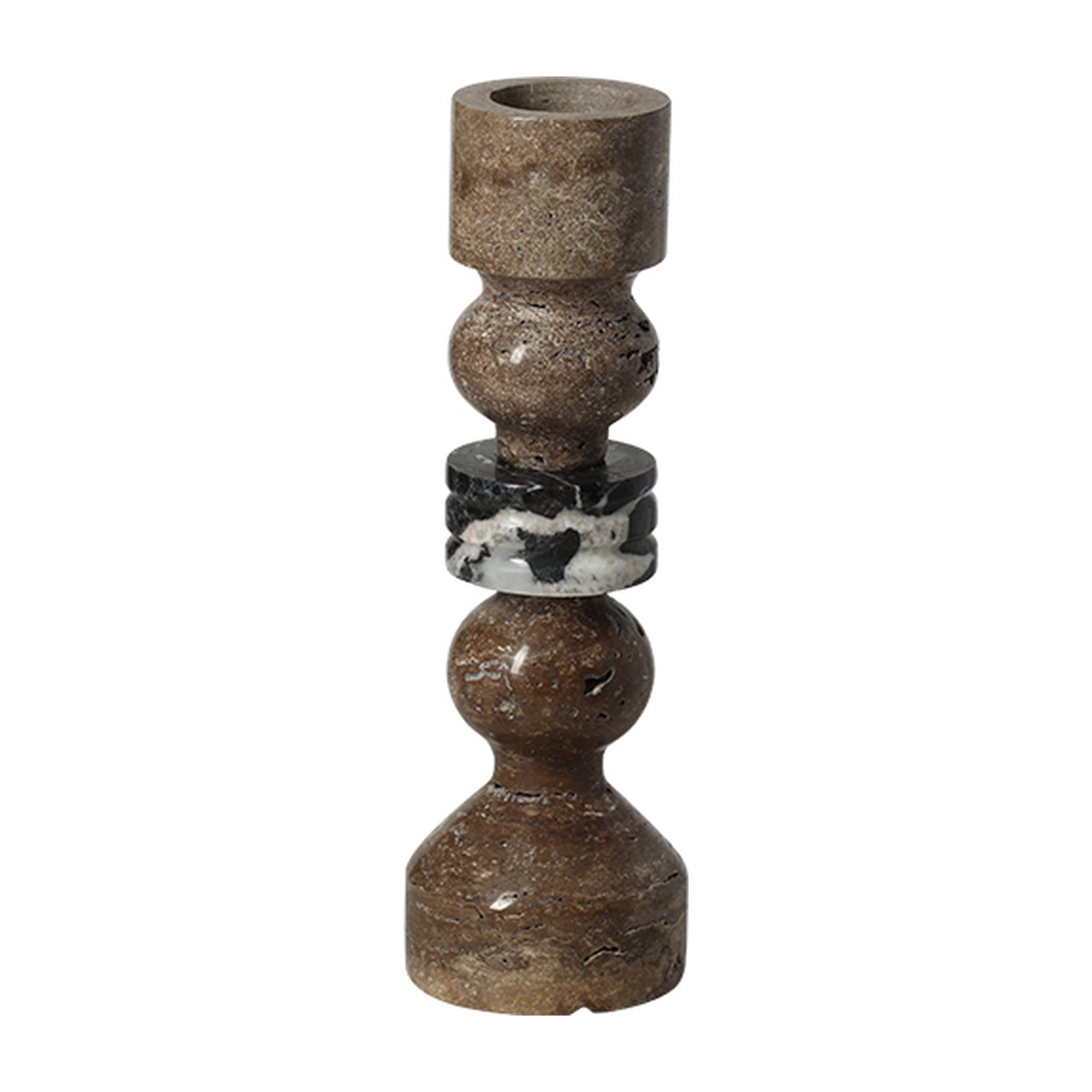 Candelabro decorativo de mármol beige y negro con detalles texturizados, diseño elegante y moderno