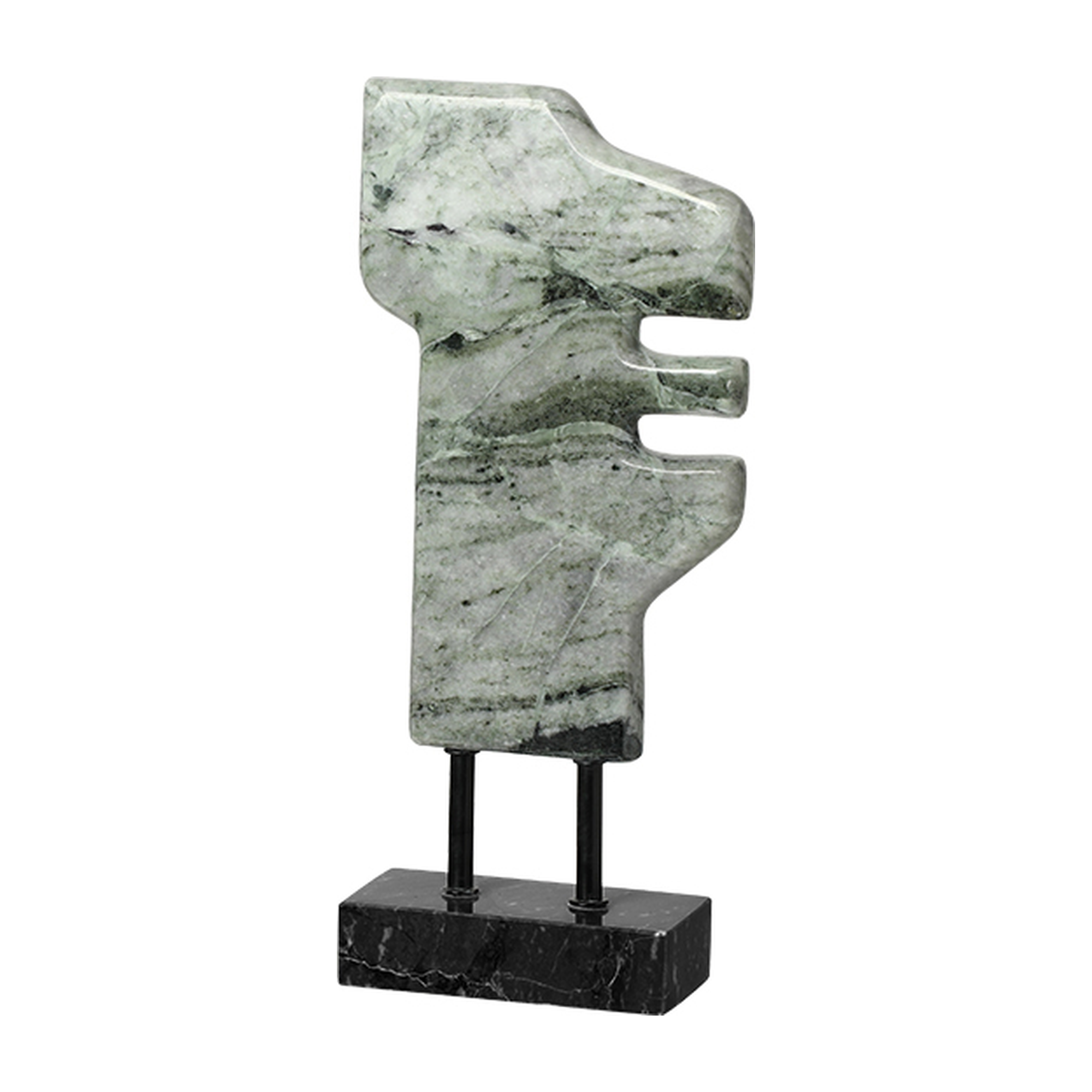 Escultura abstracta de mármol verde con vetas naturales sobre base negra, exhibiendo elegancia y
