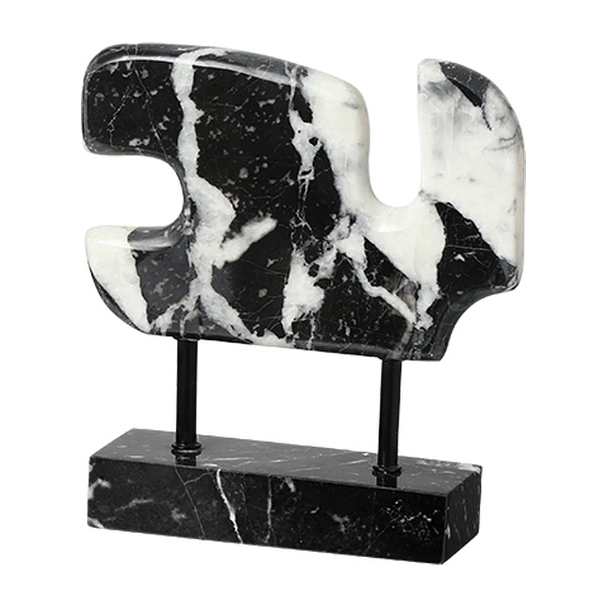 Escultura abstracta de mármol blanco y negro sobre base metálica, diseño elegante y moderno para