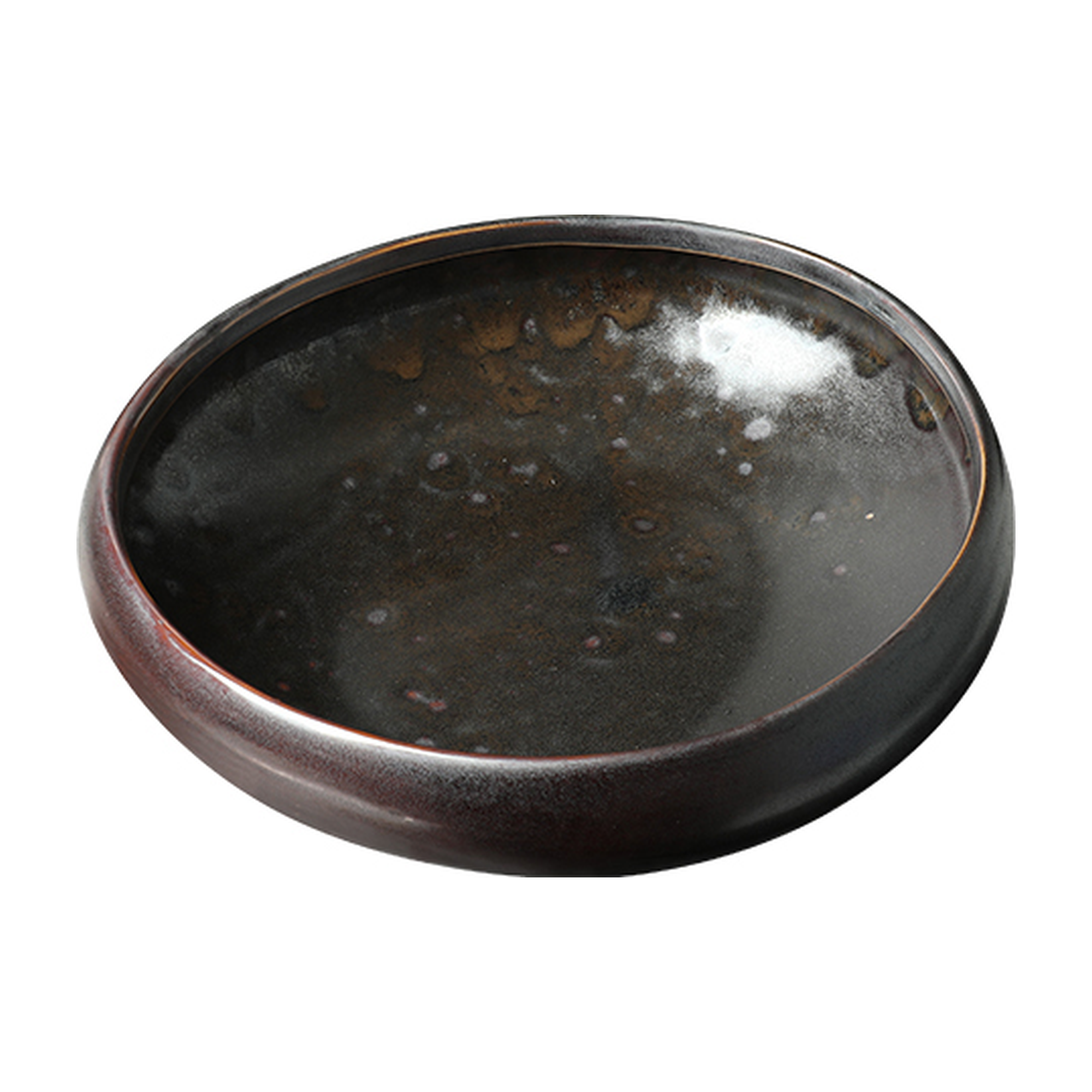 Bowl decorativo de cerámica oscura con textura irregular, reflejos sutiles y borde pulido, ideal