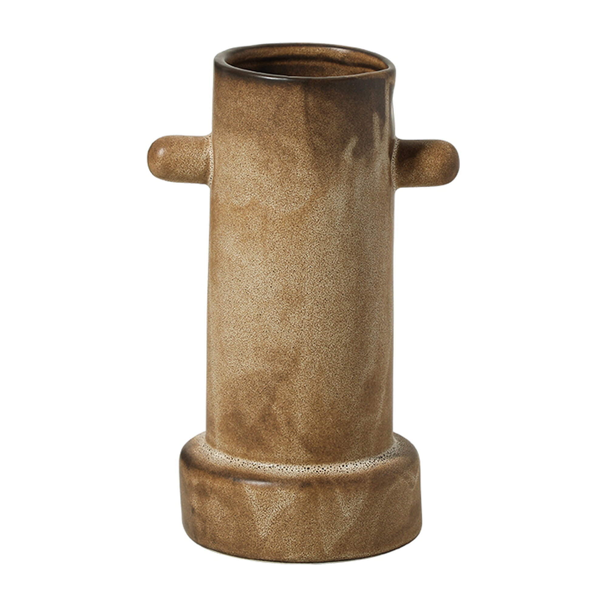 Jarrón decorativo de cerámica marrón con asas laterales, acabado rústico y base sólida, ideal para