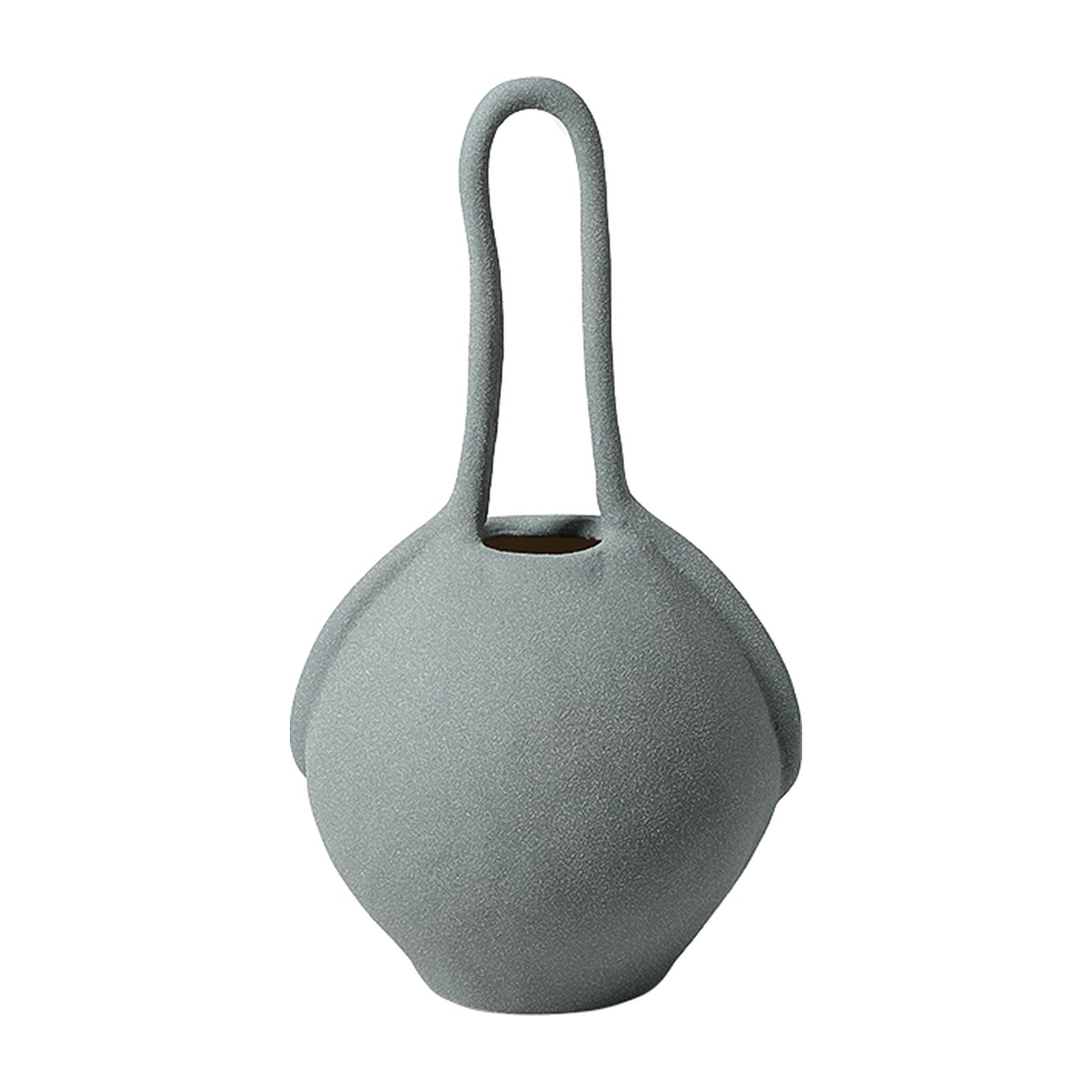 Jarrón decorativo de cerámica gris de 31 cm con diseño moderno y asas elevadas sobre fondo blanco.