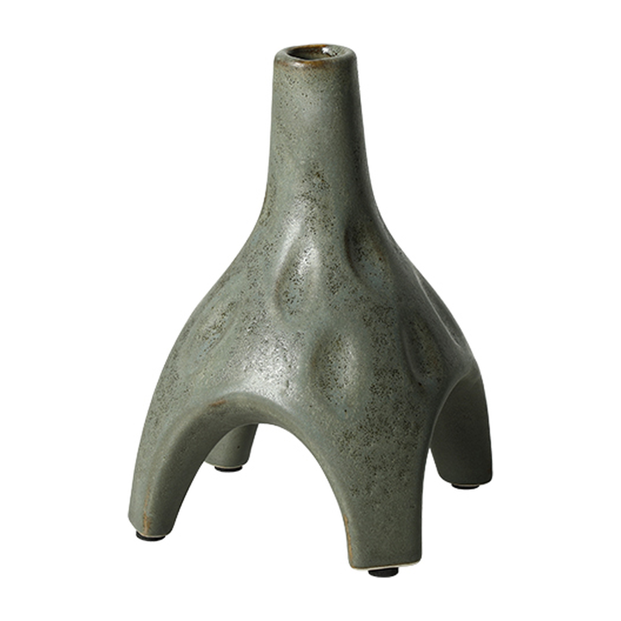 Jarrón decorativo de cerámica gris con textura irregular, forma escultural y base de tres patas, 18