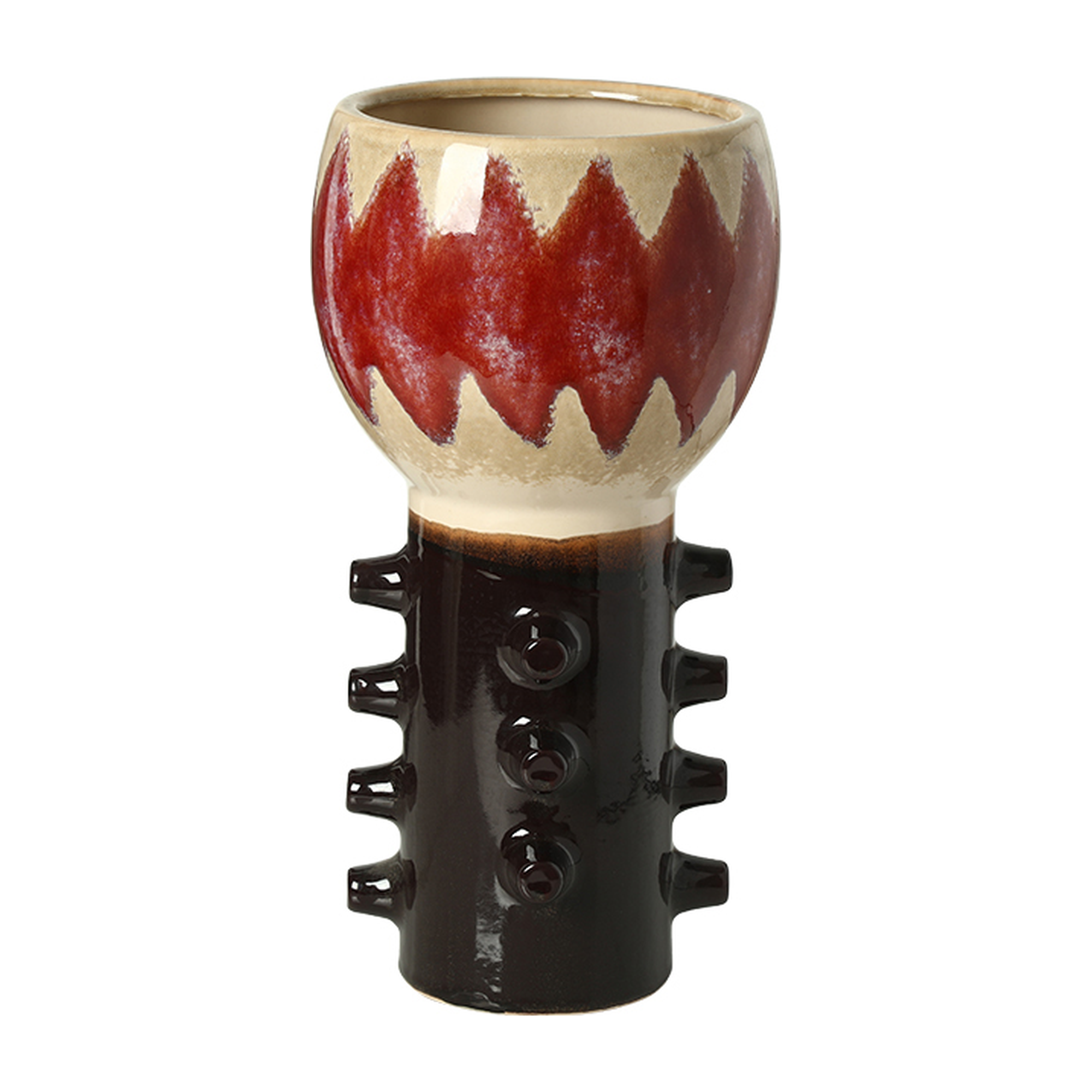 Jarrón decorativo de cerámica de 36 cm con diseño étnico, boca en tono crema con patrón zig-zag