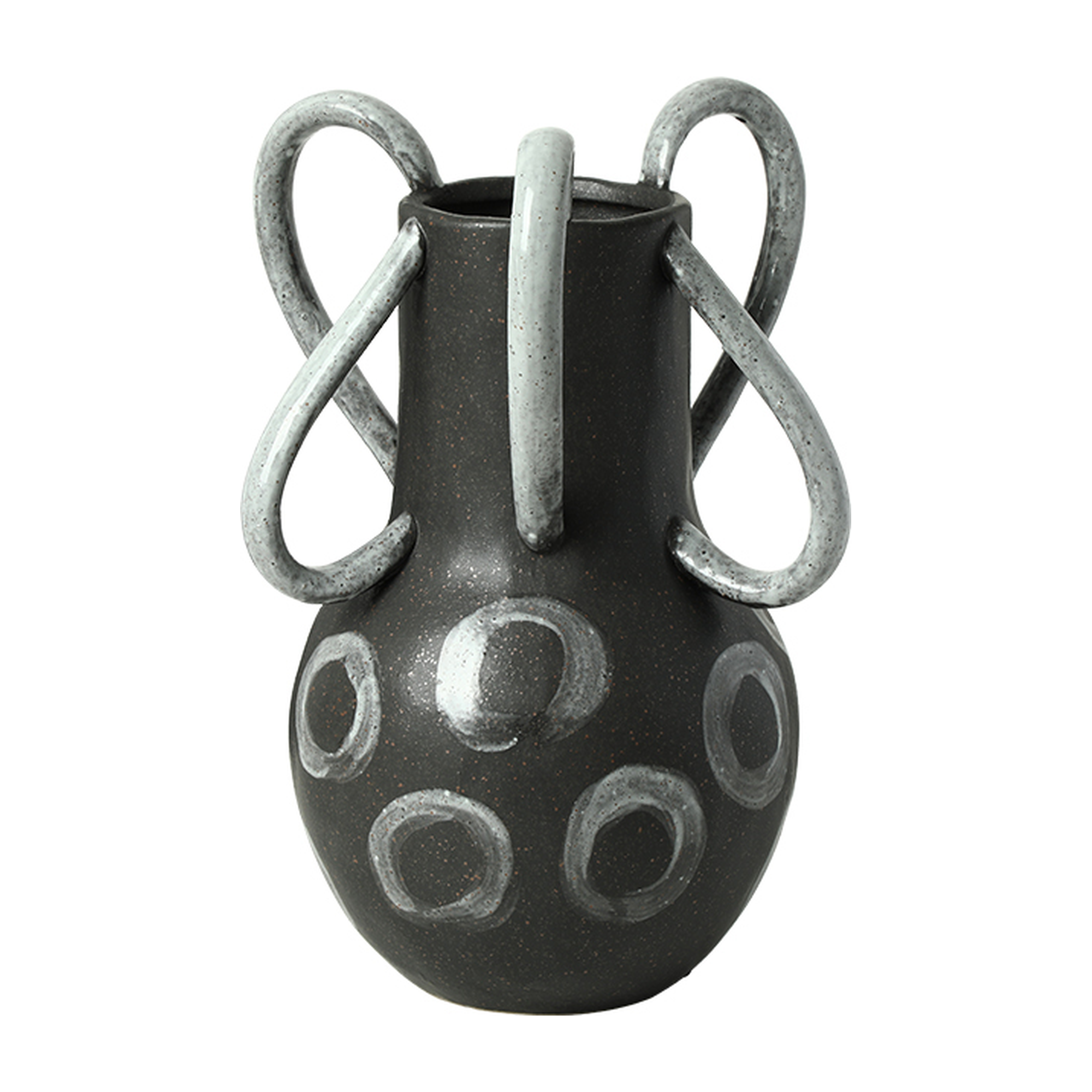 Jarrón decorativo de cerámica negro mate con cuatro asas estilizadas y círculos blancos pincelados