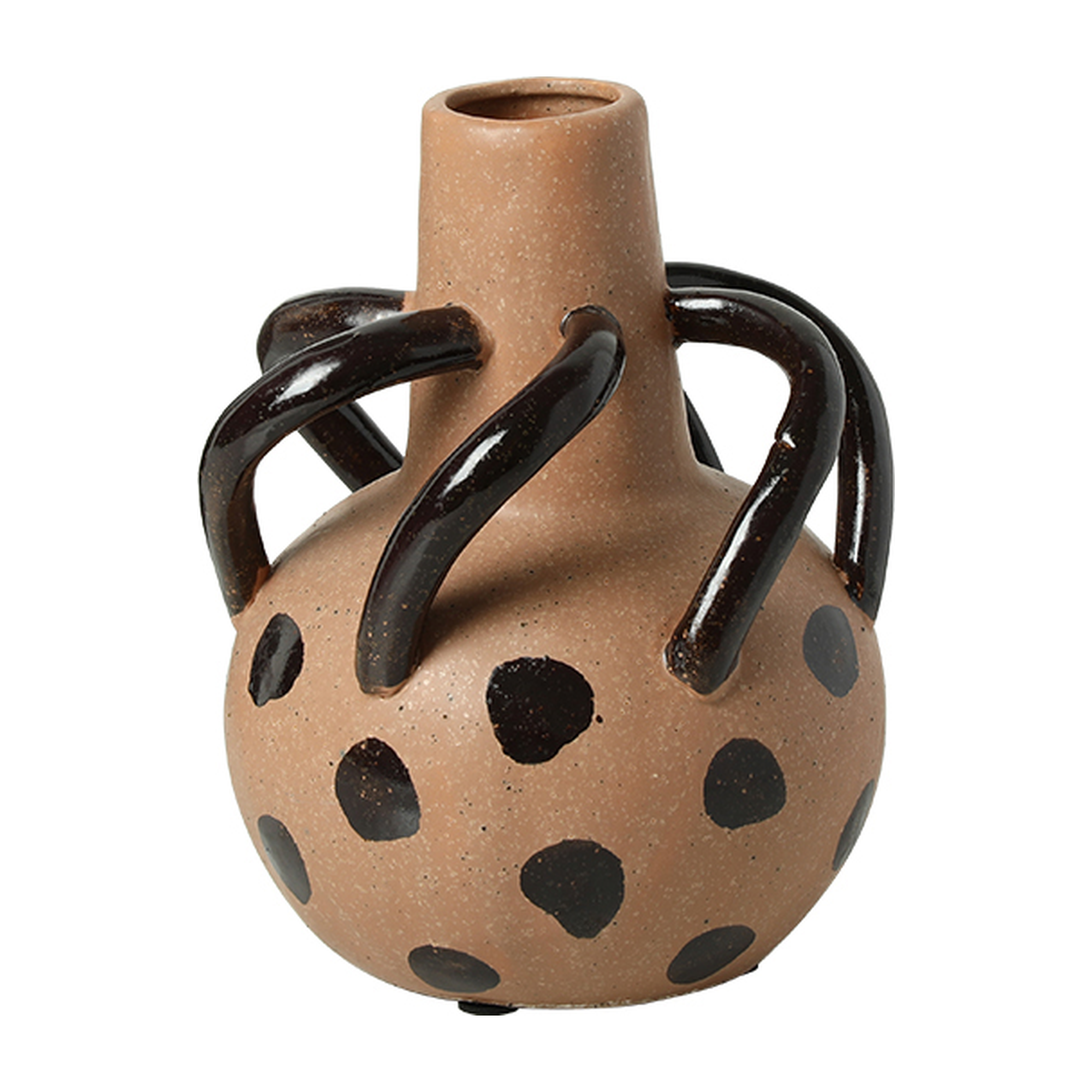 Jarrón decorativo de cerámica color marrón claro con patrón de puntos negros, asas curvas y cuello
