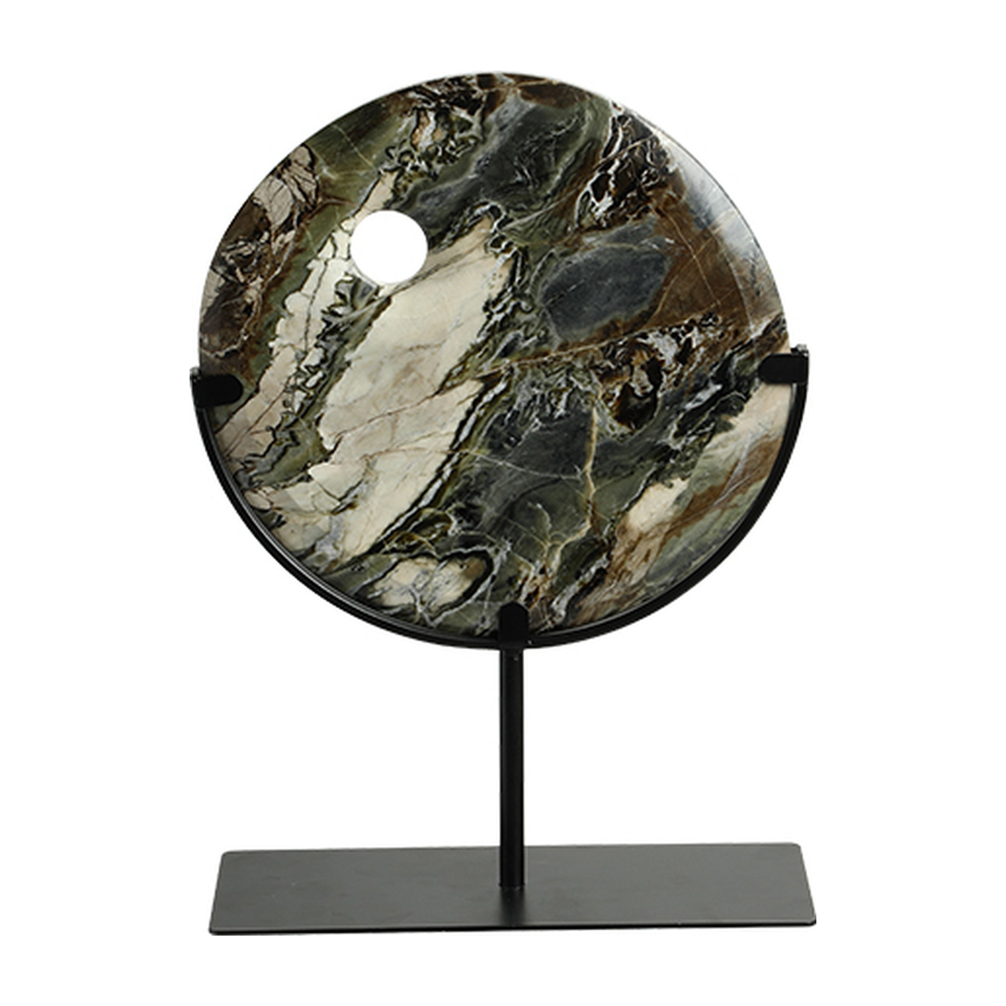 Escultura decorativa redonda de mármol veteado en tonos verdes, grises y blanco, con orificio