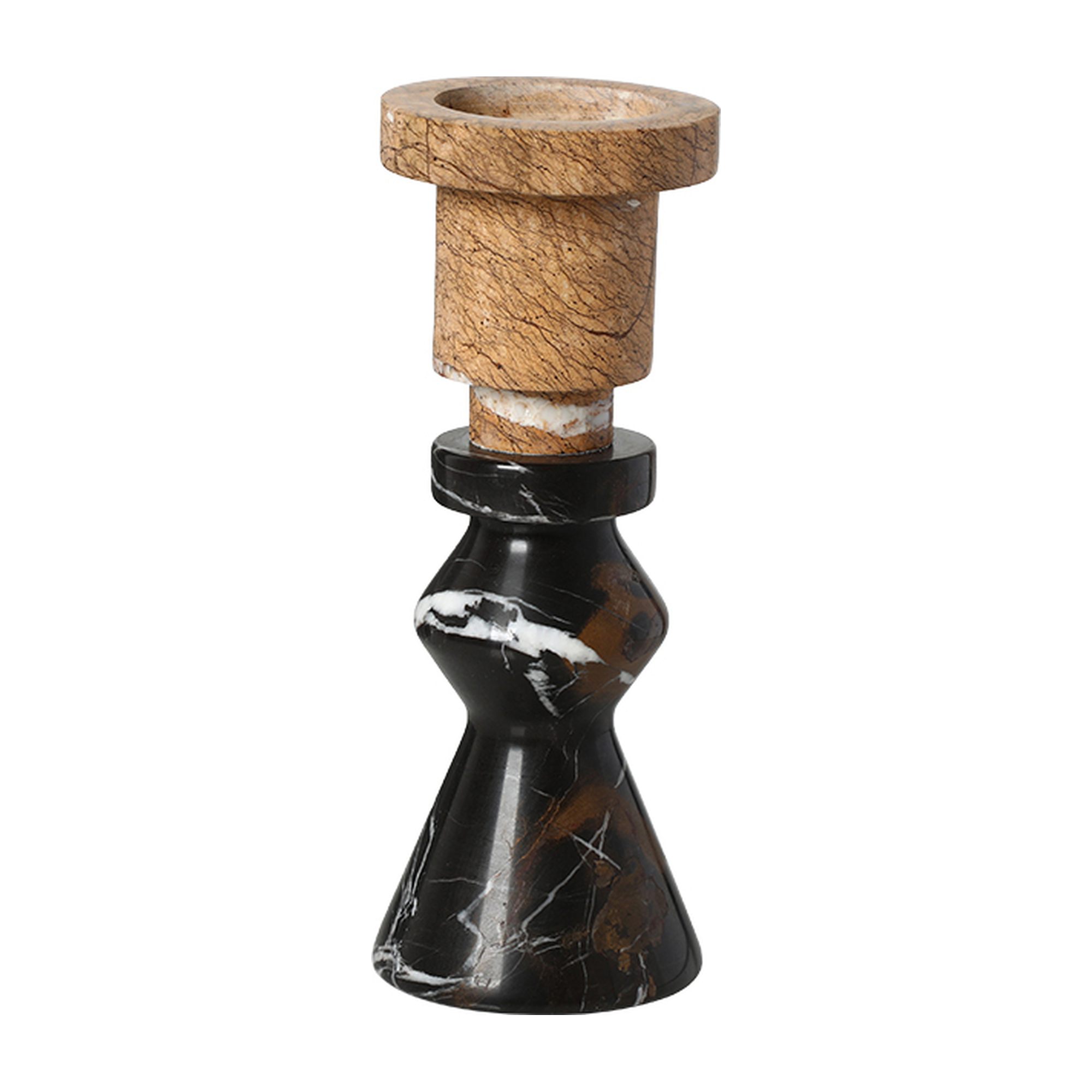 Candelabro decorativo de mármol negro veteado con detalles en beige y soporte superior en tono
