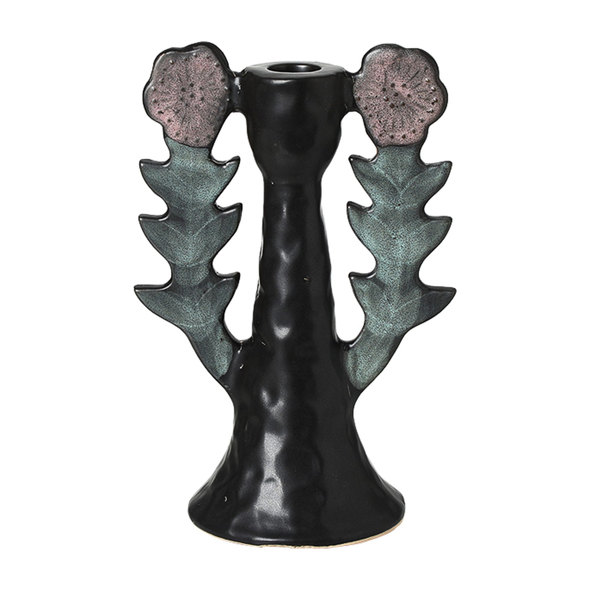 Candelabro decorativo de cerámica negra con hojas verdes y flores rosas, de 23 cm de alto, sobre