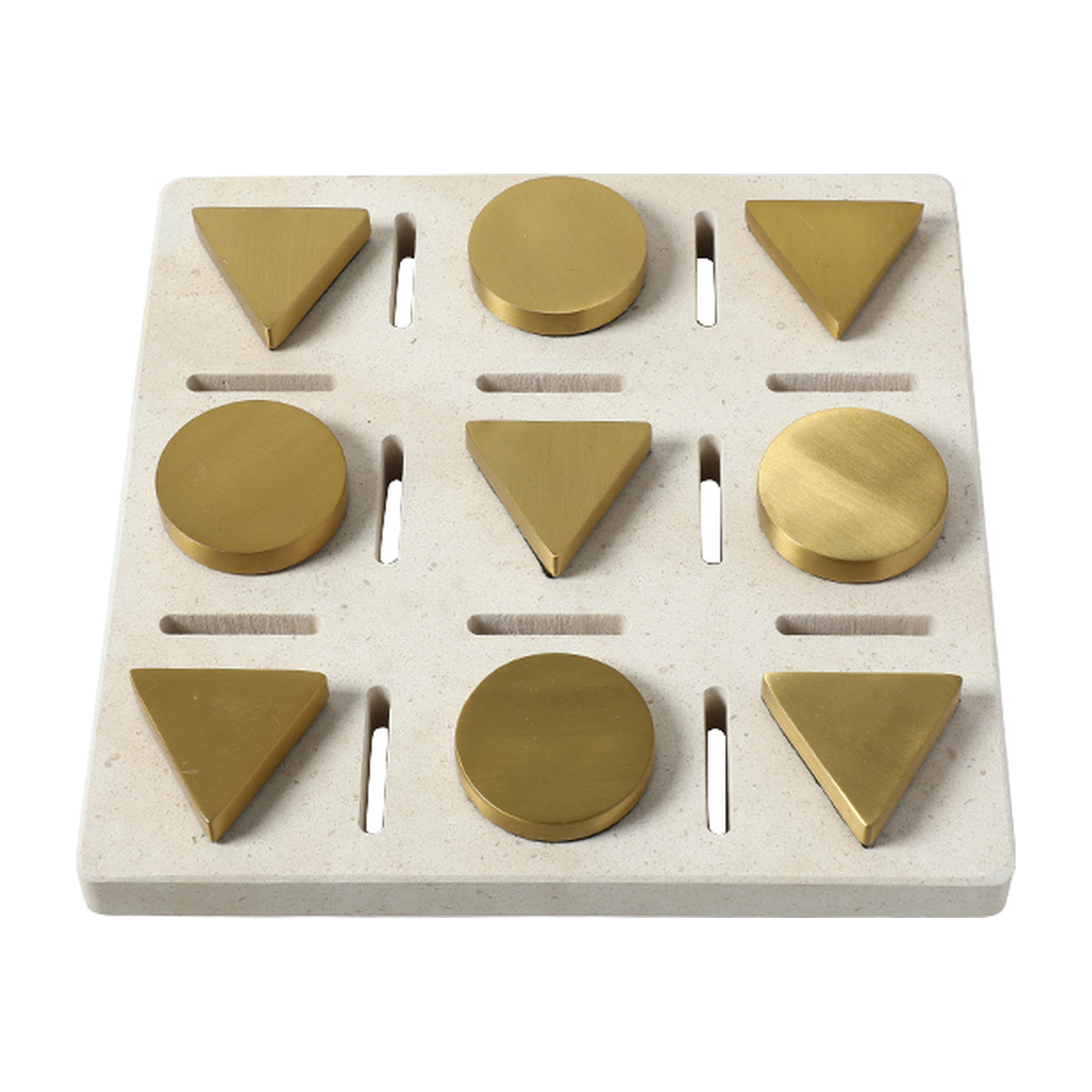 Accesorio decorativo Tic Tac Toe de lujo en mármol beige y piezas de metal dorado con formas