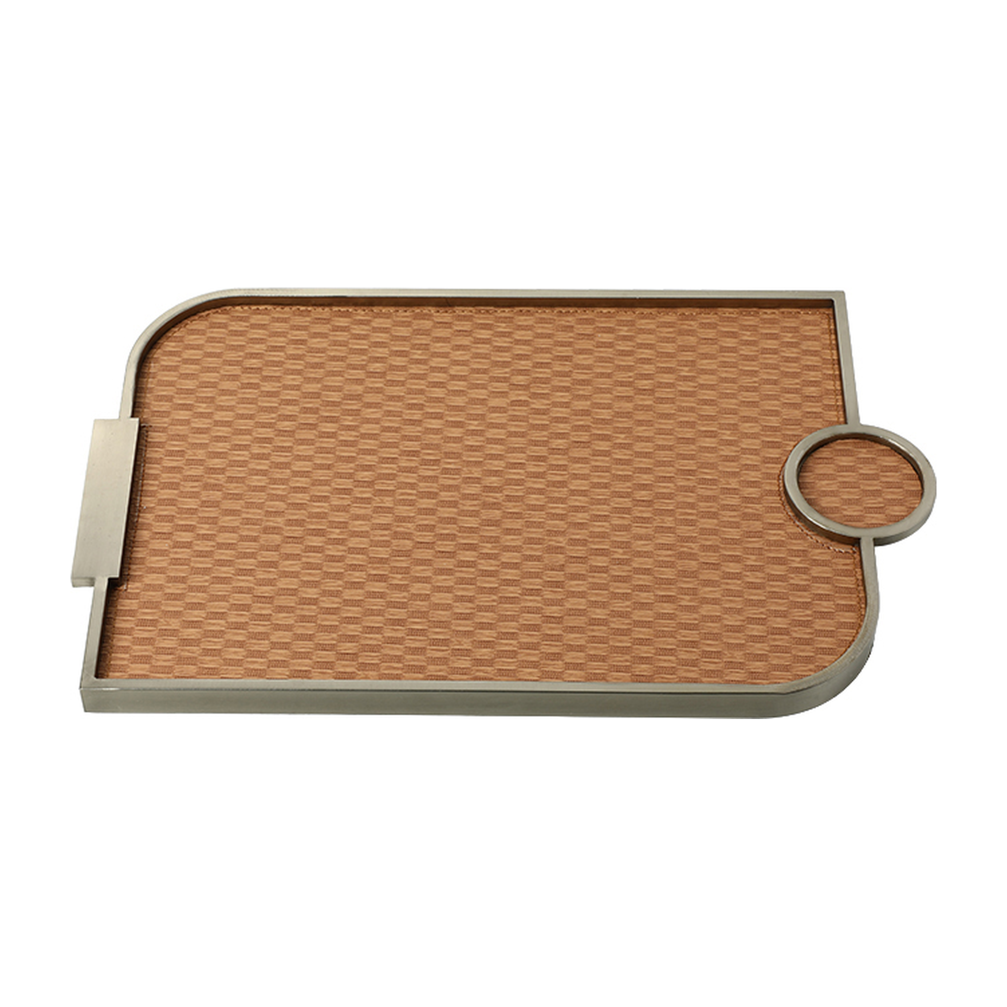 Bandeja decorativa rectangular de metal plateado y cuero marrón texturizado, diseño elegante de 45