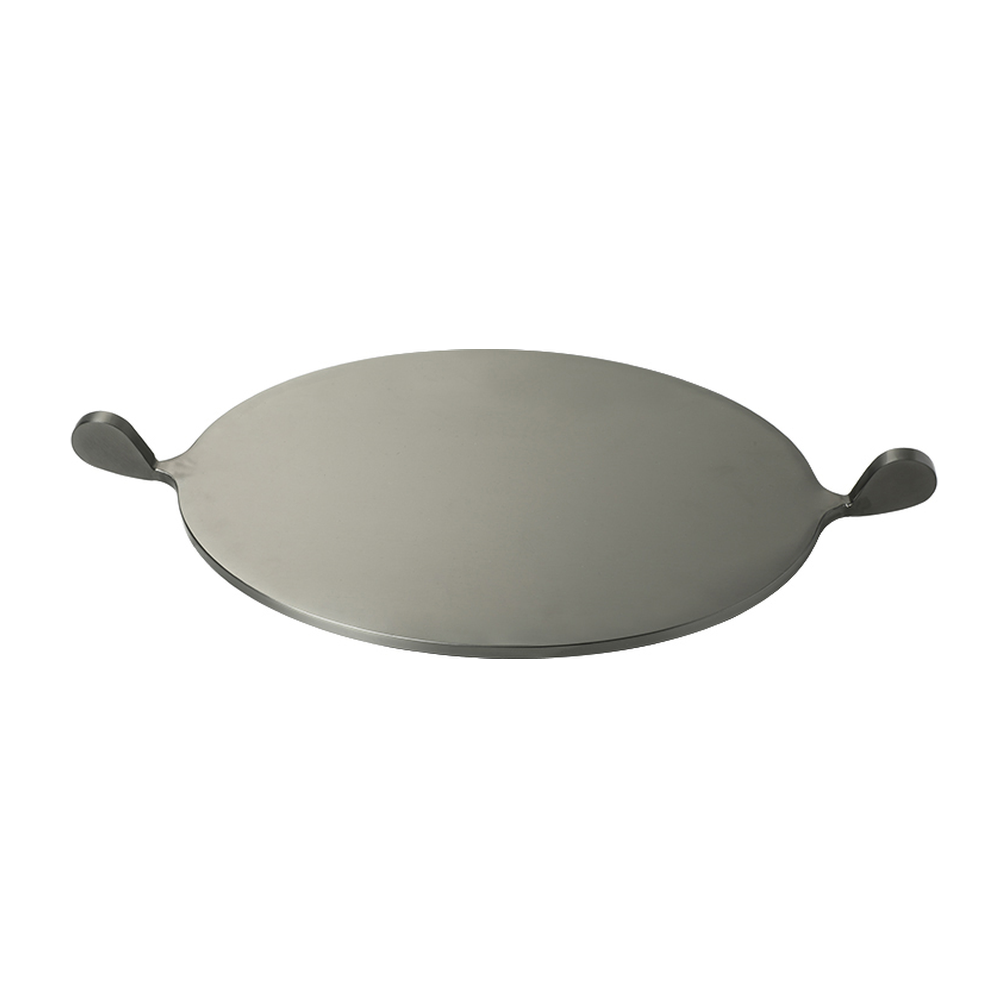 Bandeja decorativa ovalada de metal en tono oscuro con asas, ideal para un estilo elegante.