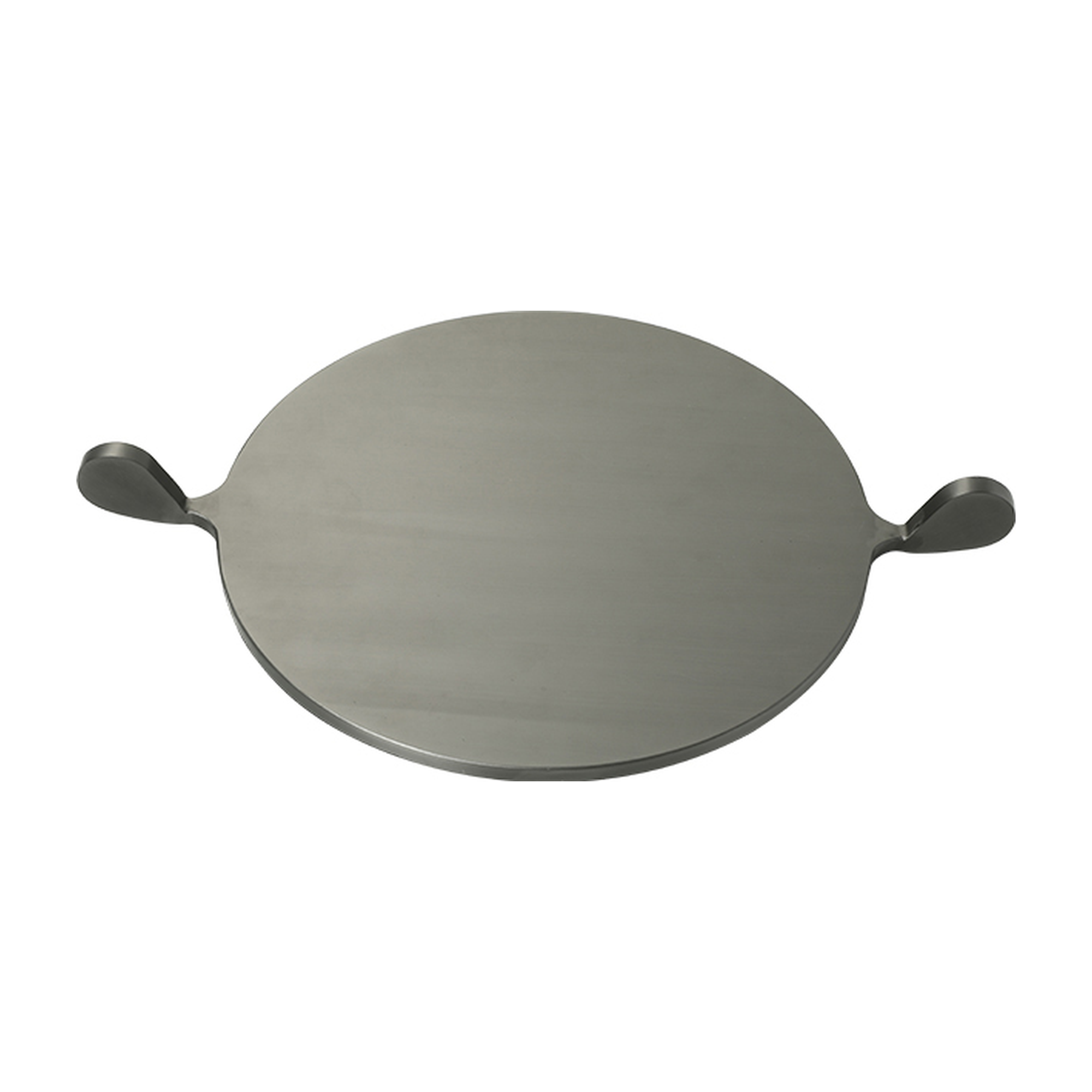 Bandeja decorativa redonda de metal gris oscuro con asas integradas sobre fondo blanco, vista