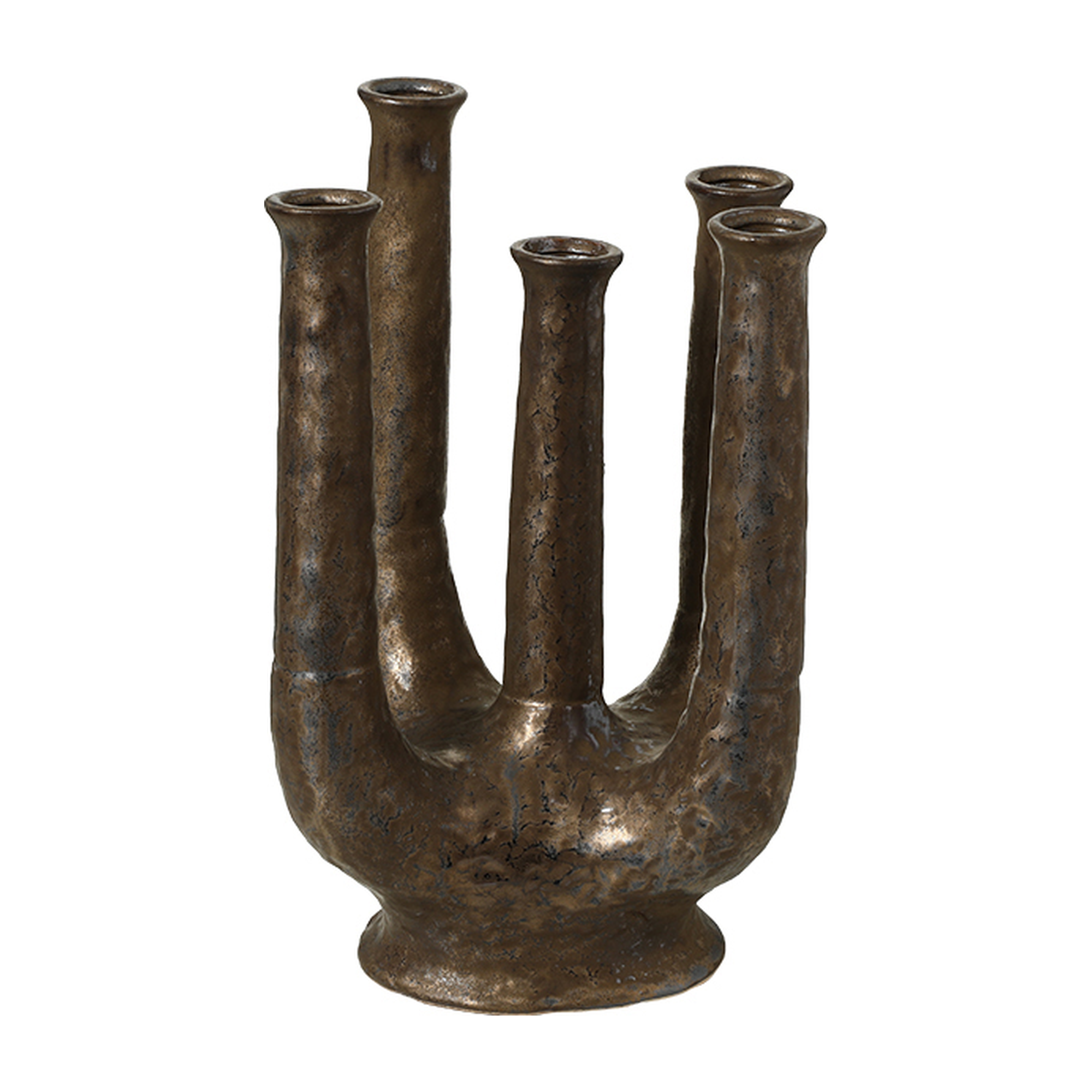 Jarrón decorativo de cerámica en tono bronce con diseño moderno de cinco tubos, ideal para un