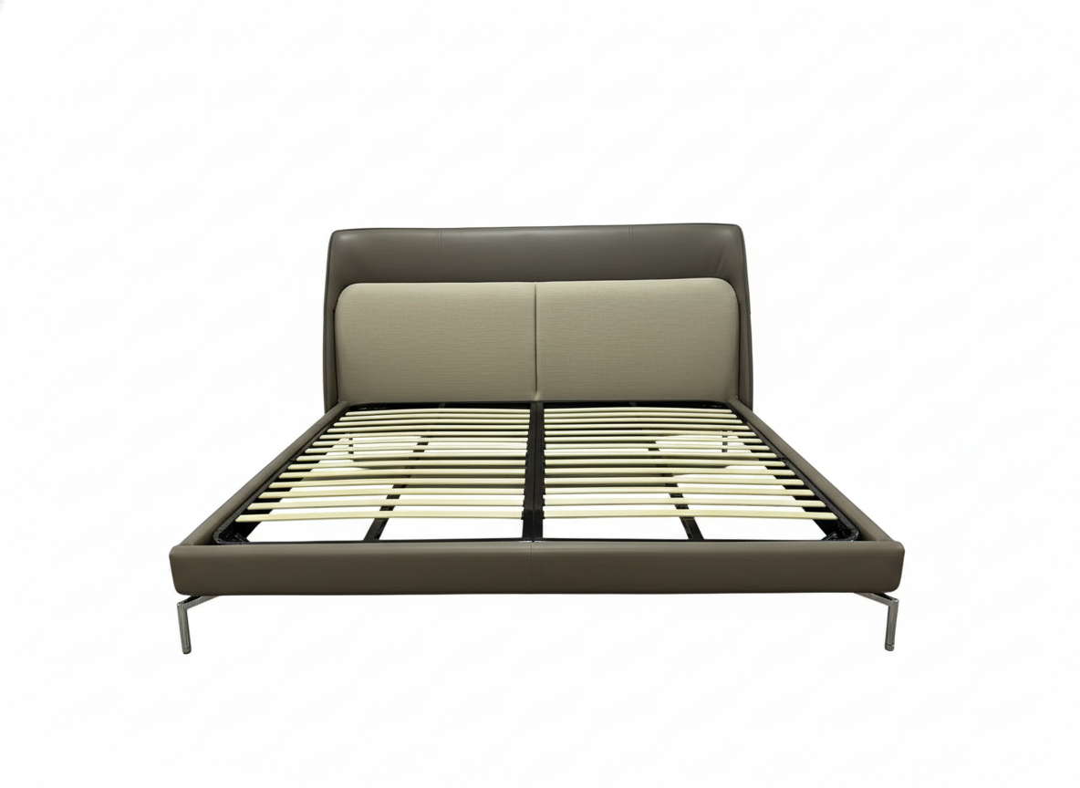 Cama moderna tapizada con cabecero acolchado y somier de láminas