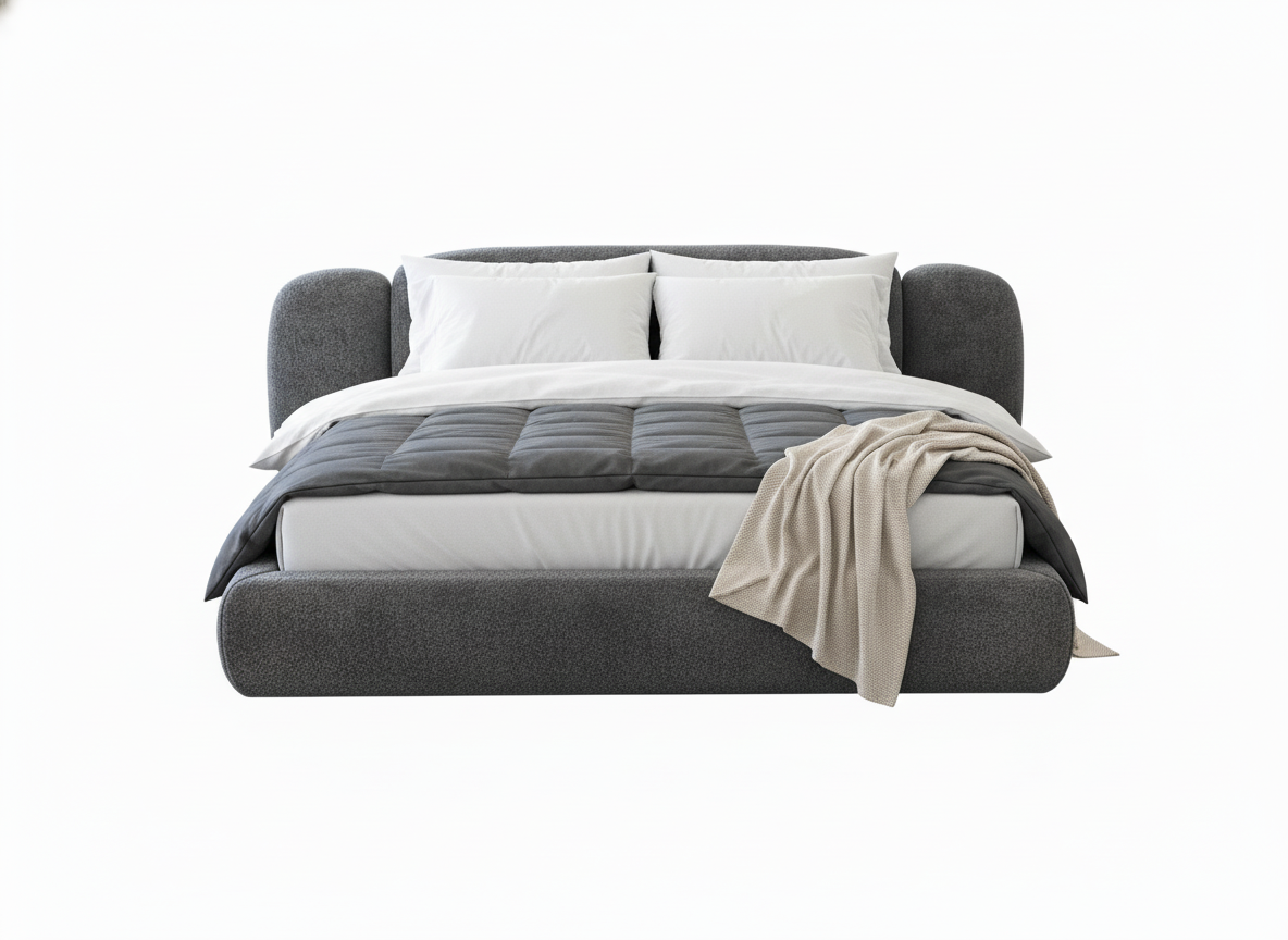 Cama tapizada moderna con ropa de cama blanca, edredón gris y manta beige, vista frontal