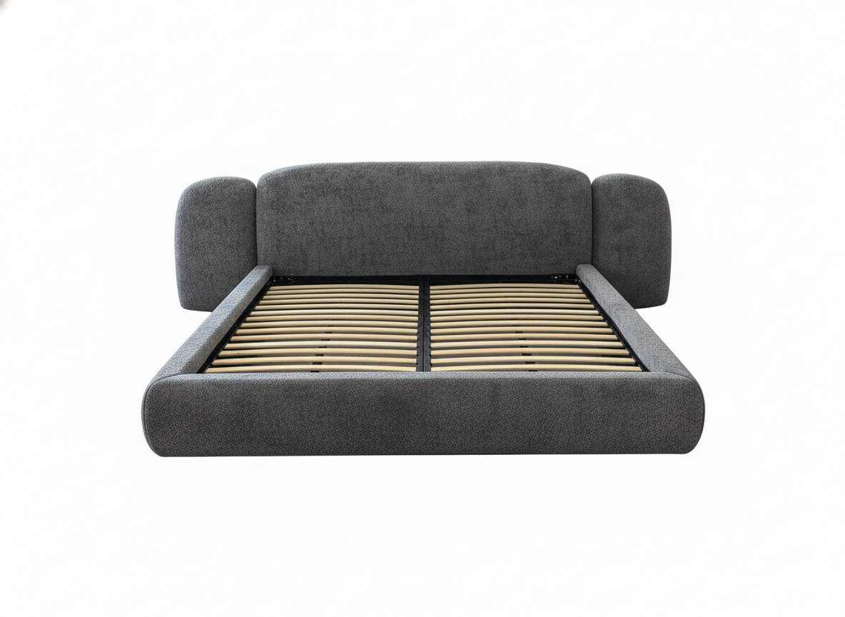Cama tapizada moderna gris oscuro con somier de láminas de madera visible