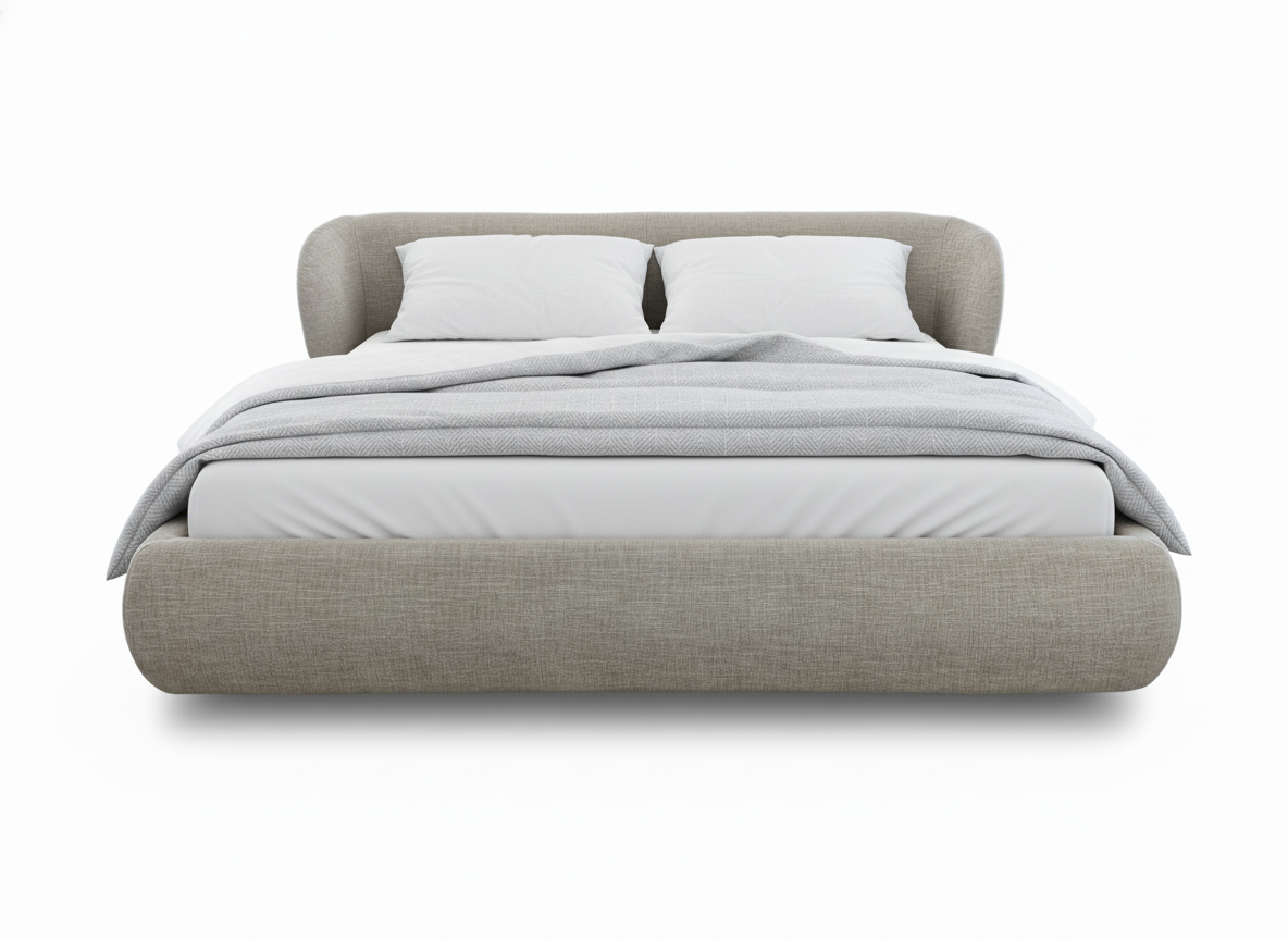 Cama tapizada moderna con diseño curvo, vestida con sábanas blancas, almohadas y una manta gris, destacando su confort y estética.
